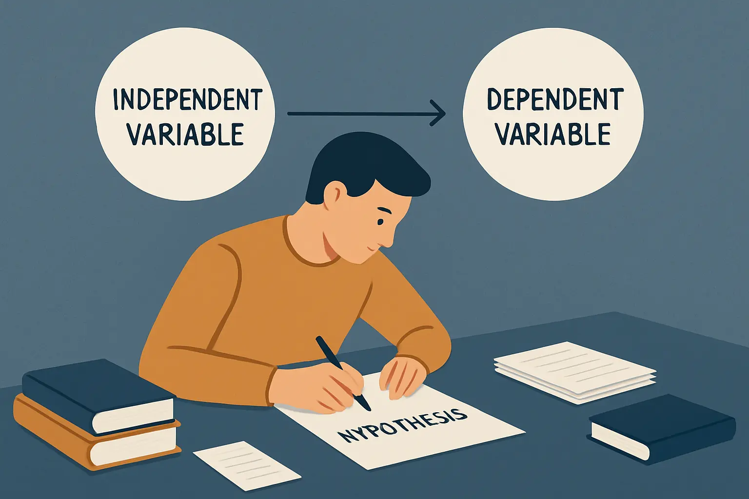 Ilustración editorial de una investigadora redactando una hipótesis con dos nodos interconectados que representan la variable independiente y la variable dependiente de un estudio cuantitativo