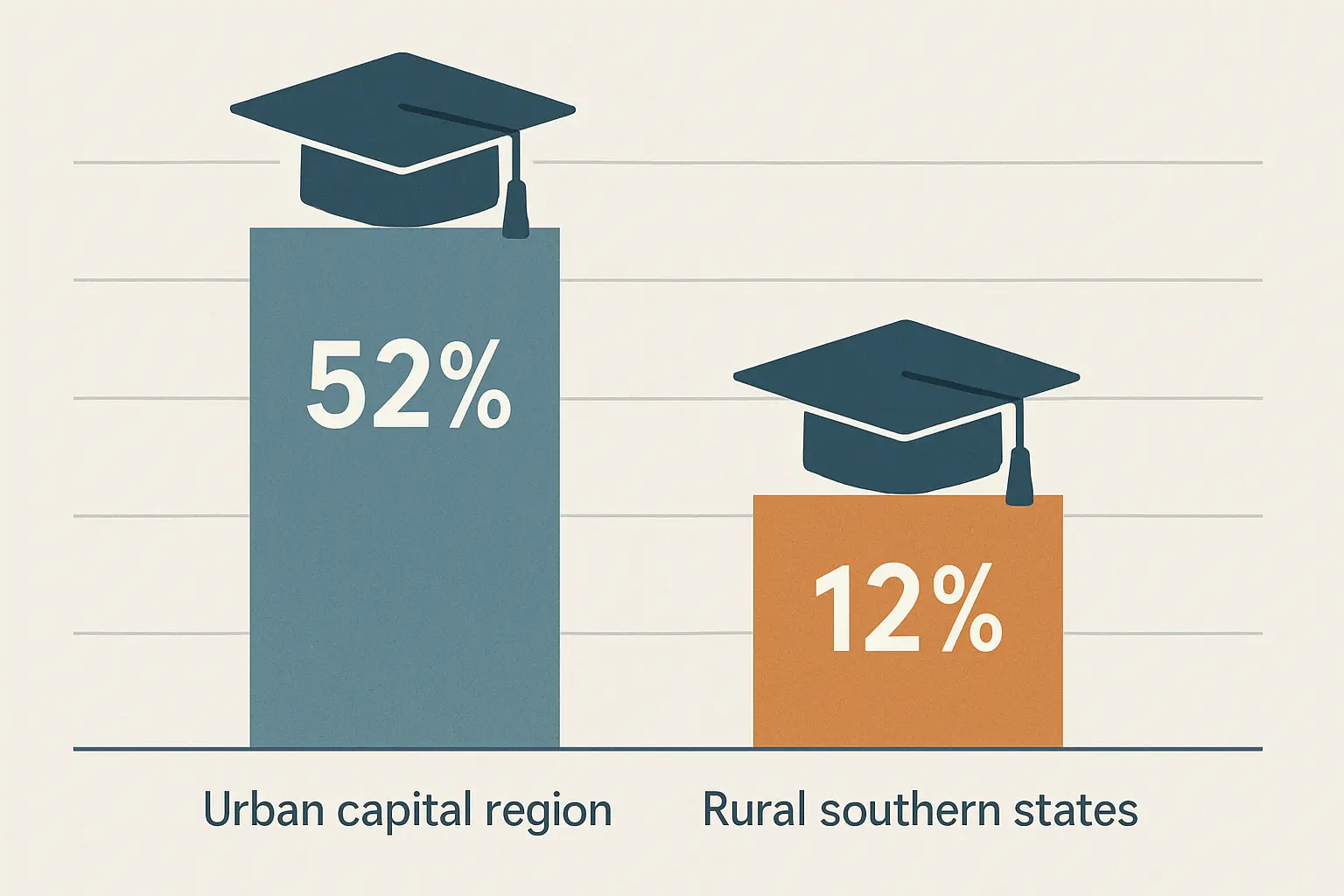 Infografía editorial con barras comparando la tasa de cobertura de educación superior por región en México: alta cobertura en la Ciudad de México (52%) versus baja cobertura en Oaxaca y Chiapas (12%)