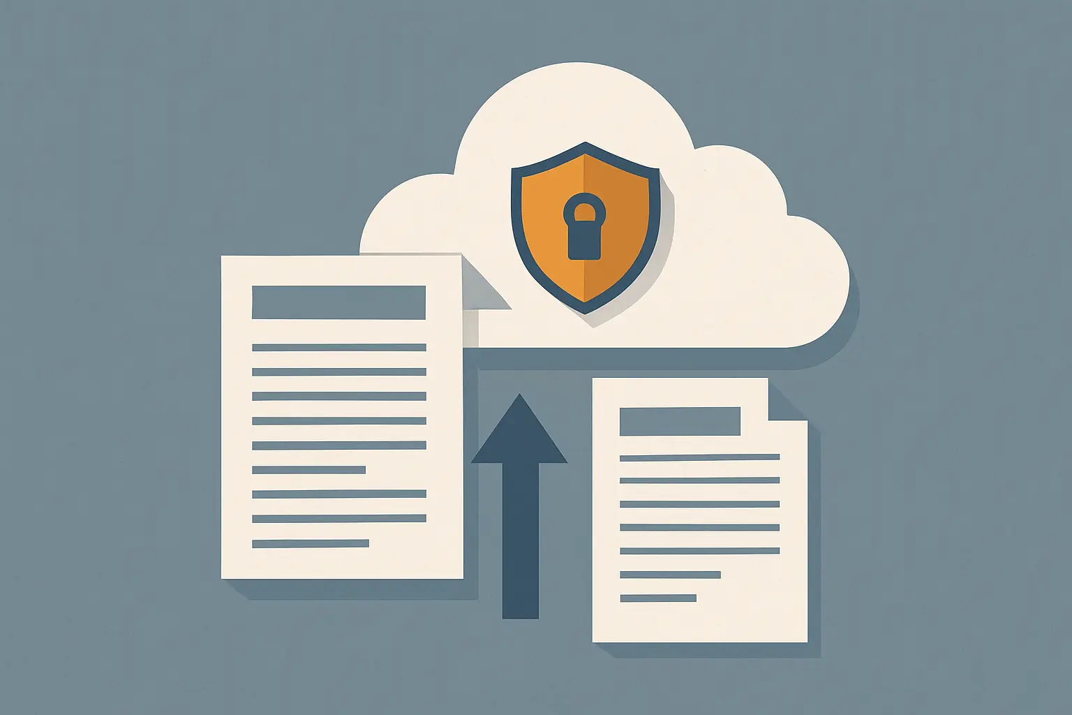 Ilustración editorial sobre privacidad de documentos académicos al subir una tesis a herramientas en línea, con un servidor en la nube y un escudo de seguridad como símbolo de protección de datos