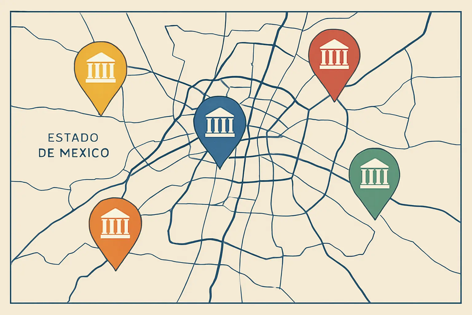 Mapa de la Ciudad de México con la ubicación de las cinco unidades de la UAM: Azcapotzalco al norte, Iztapalapa al oriente, Xochimilco al sur, Cuajimalpa al poniente y Lerma en el Estado de México