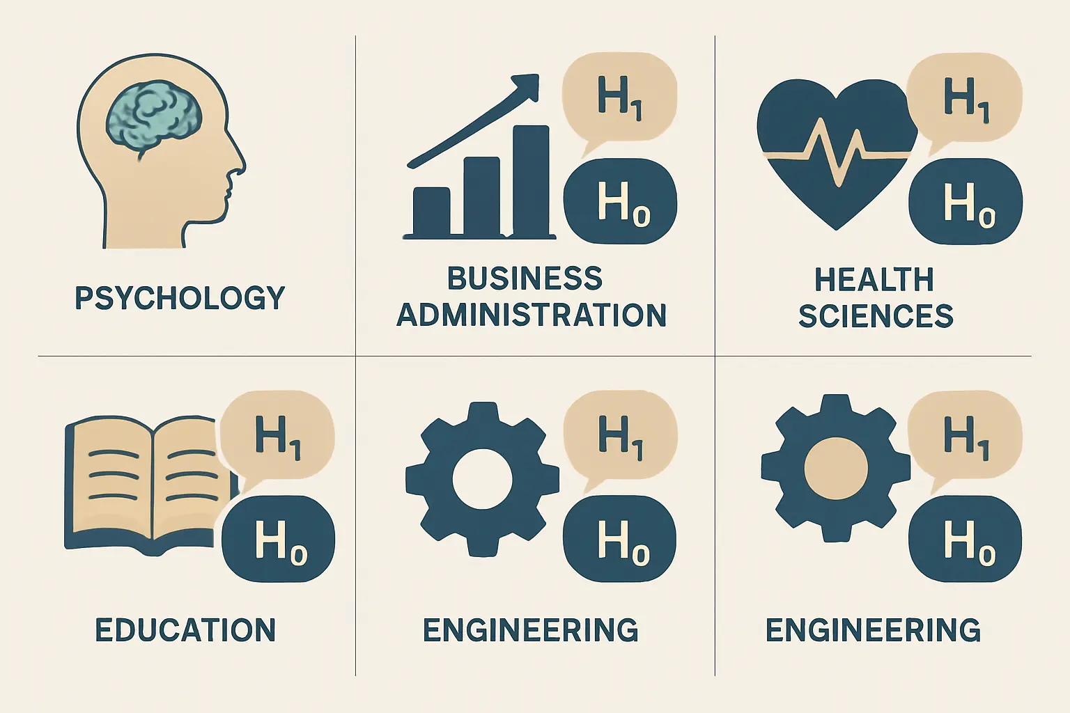 Ilustración editorial con cinco disciplinas académicas (psicología, administración, salud, educación, ingeniería) cada una con un par de hipótesis de investigación e hipótesis nula representadas visualmente