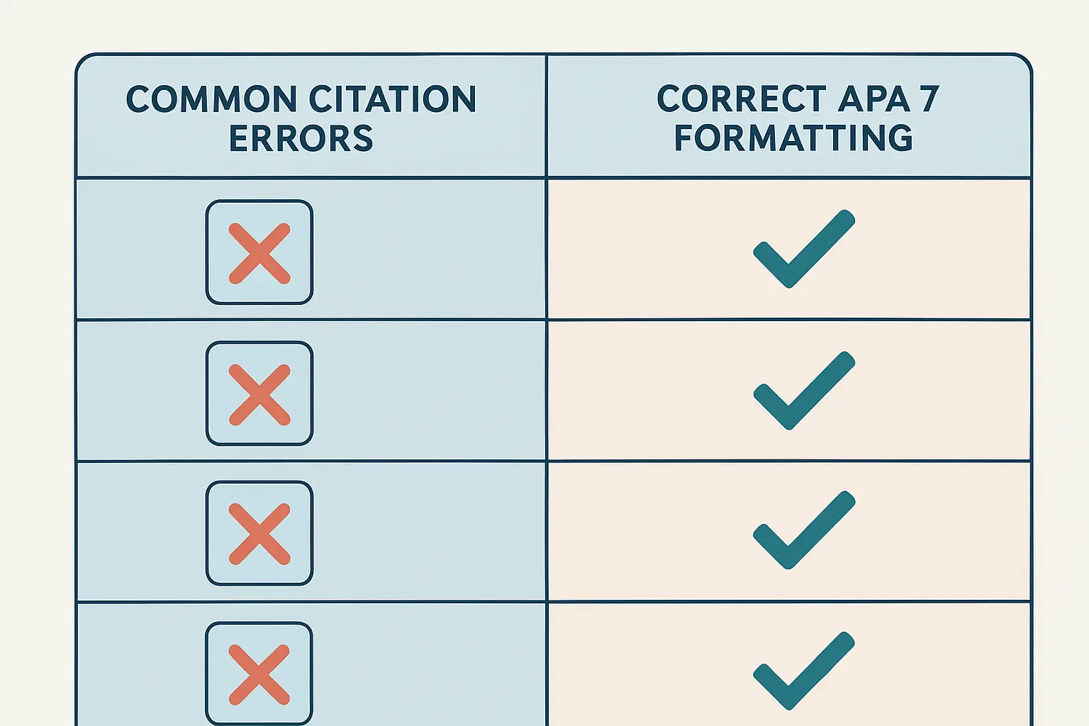 Ilustración editorial con tabla comparativa de los errores más frecuentes en referencias APA 7 frente al formato correcto, con marcas visuales de error y corrección