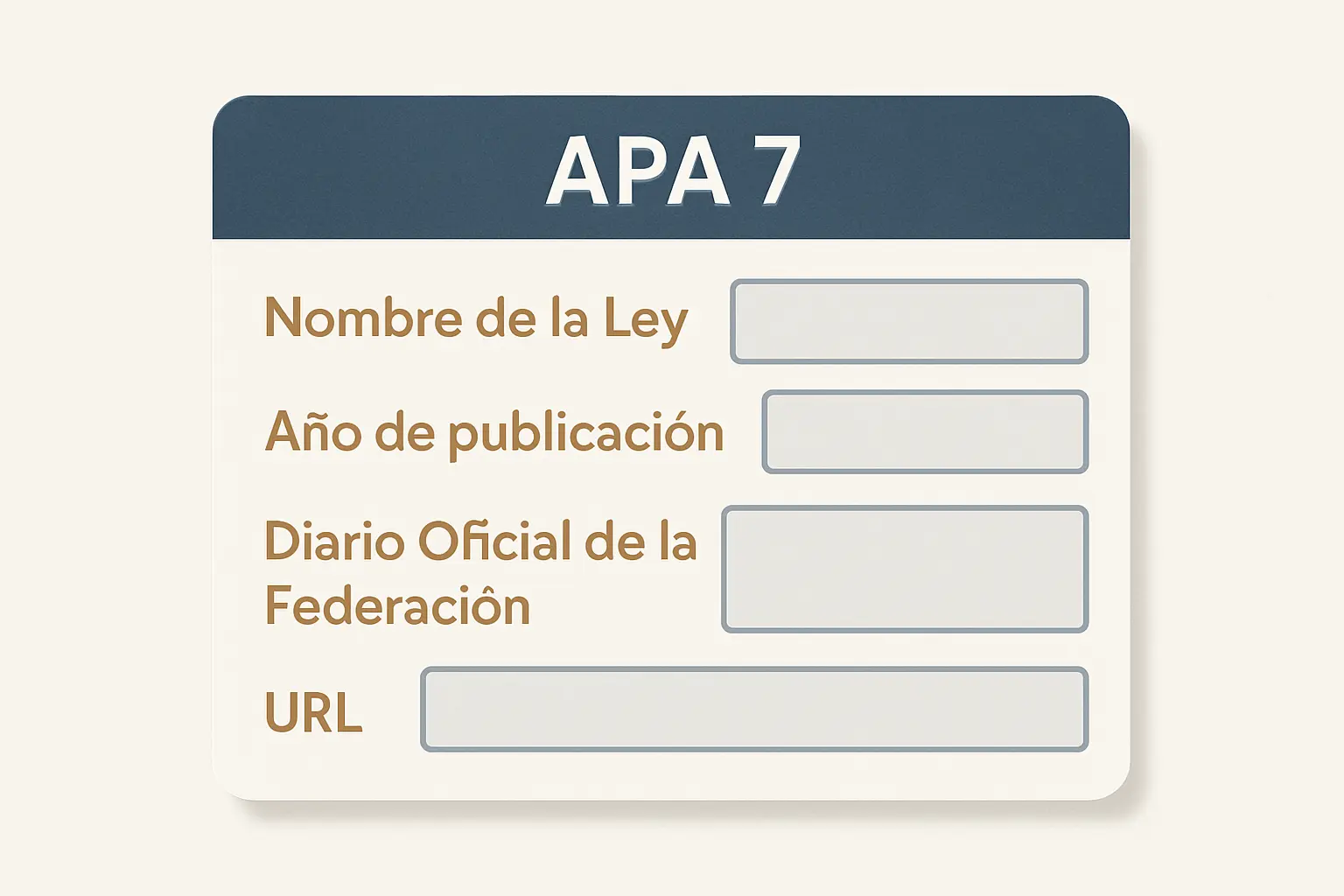 Plantilla APA 7 para citar leyes mexicanas con los campos: nombre de la ley, año, Diario Oficial de la Federación y URL