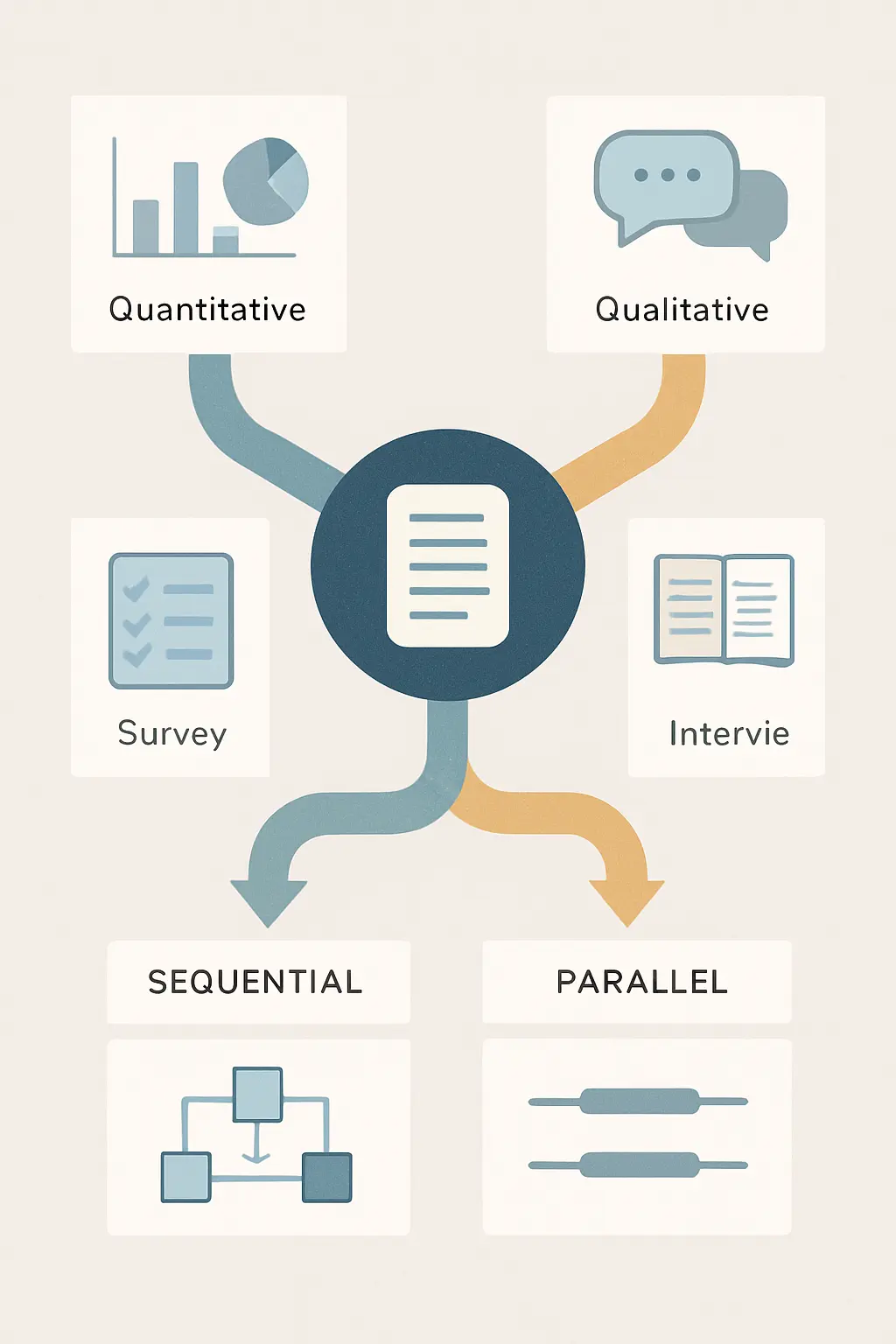 Ilustración del enfoque mixto de investigación: dos corrientes metodológicas, la cuantitativa con datos numéricos y la cualitativa con entrevistas y observación, que convergen en un punto de integración para ofrecer una comprensión completa del fenómeno
