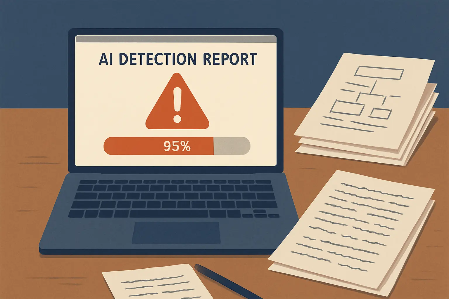 Reporte de detector de IA mostrando alerta de falso positivo junto a evidencia de proceso de escritura humana: borradores y notas de investigación