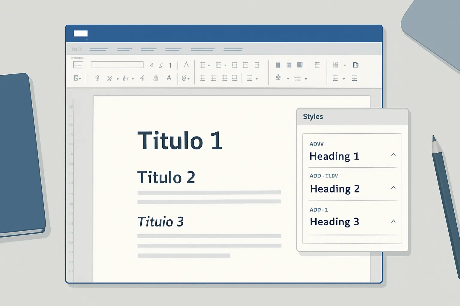 Panel de estilos de título APA 7 en Microsoft Word para tesis — Título 1, Título 2 y Título 3 configurados