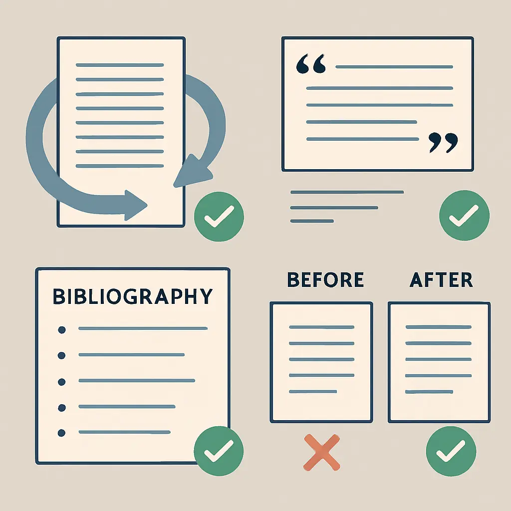 Guía visual de técnicas legítimas para reducir la similitud en Turnitin con integridad académica: paráfrasis profunda, citación textual correcta, formato de referencias y verificación previa a la entrega