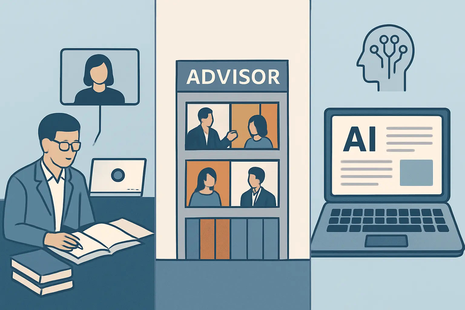 Ilustración editorial que muestra los tres modelos de asesoría de tesis en línea disponibles en México: tutor particular, servicio académico de agencia y herramienta de inteligencia artificial especializada
