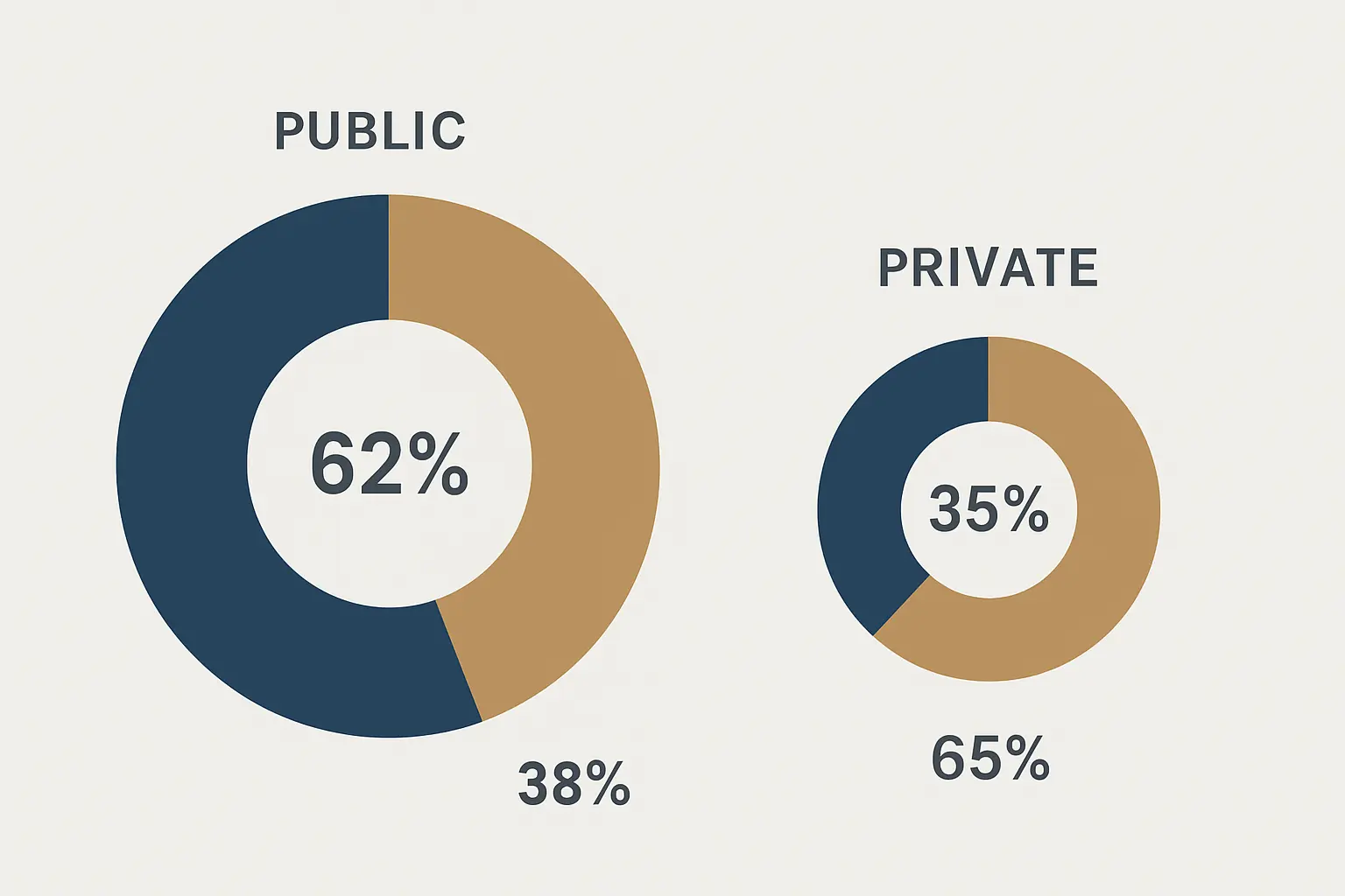 Gráfica de distribución de matrícula de educación superior en México: 62.1% en instituciones públicas y 37.9% en privadas; en posgrado se invierte con 65.3% privado (ANUIES 2024)