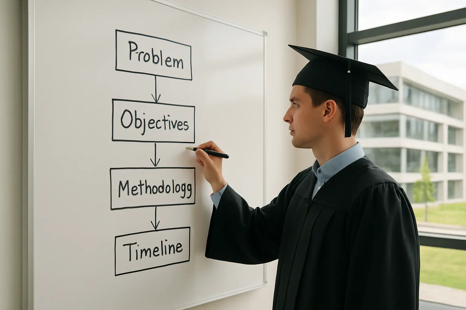 Estudiante de posgrado esbozando la estructura de su protocolo de investigación en un pizarrón