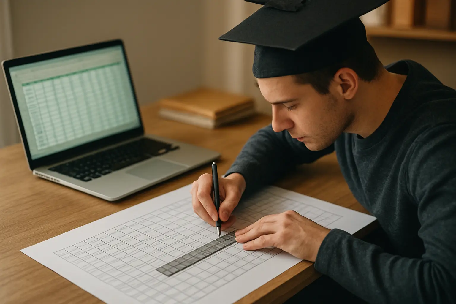 Estudiante llenando a mano una tabla metodológica de columnas para su tesis