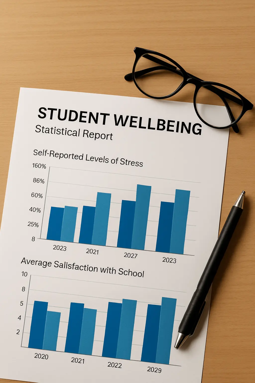 Reporte impreso con gráficas de barras sobre bienestar y salud mental estudiantil