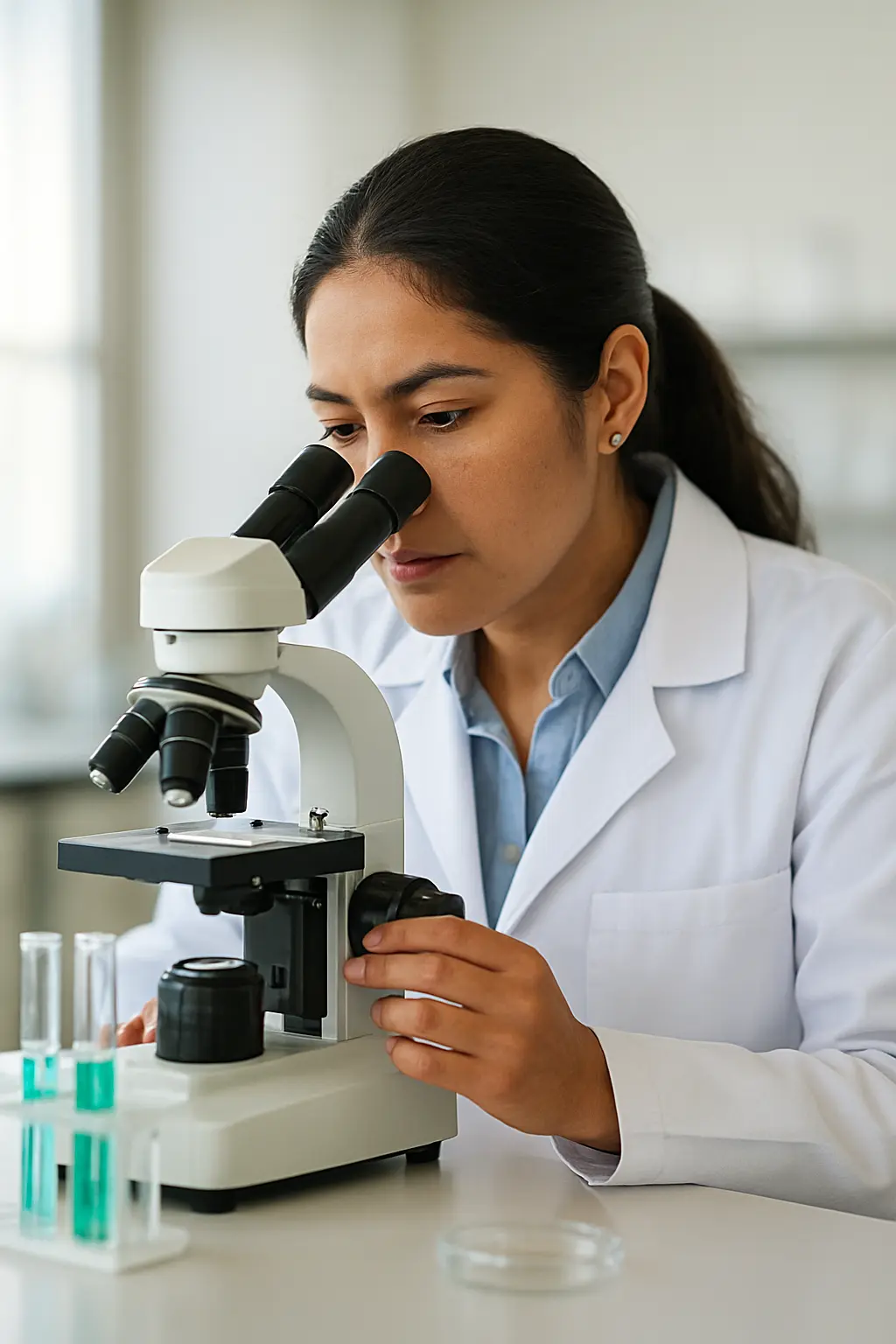 Investigadora mexicana trabajando en un laboratorio científico, representando la participación femenina en investigación
