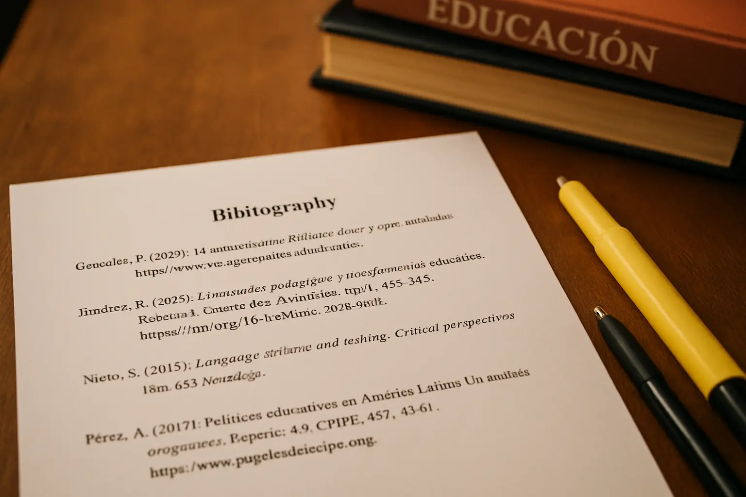 Bibliografía impresa en formato APA con libros de educación de fondo