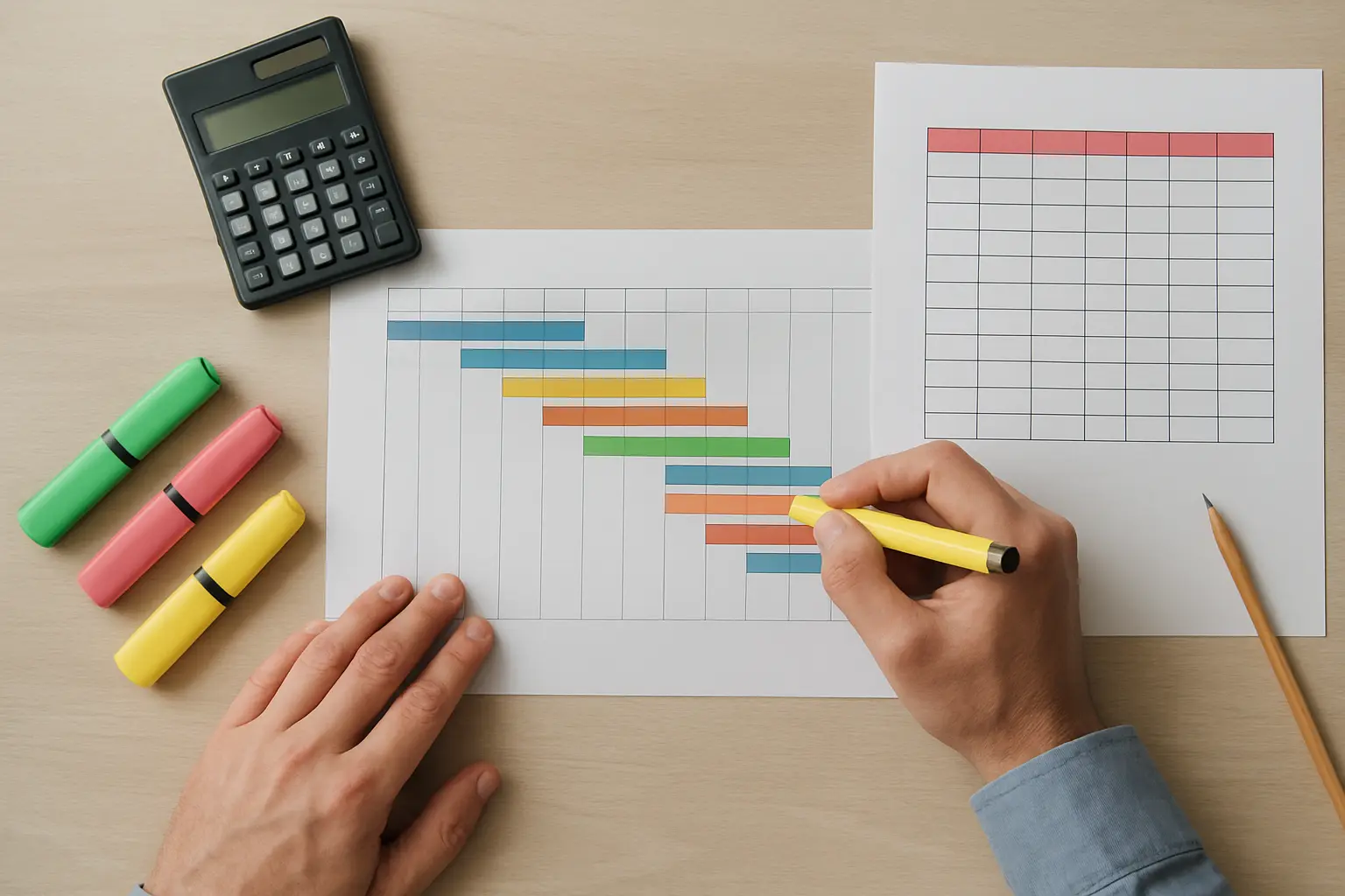 Mesa de trabajo con un cronograma de Gantt impreso y una matriz de indicadores para una propuesta de intervención de tesis