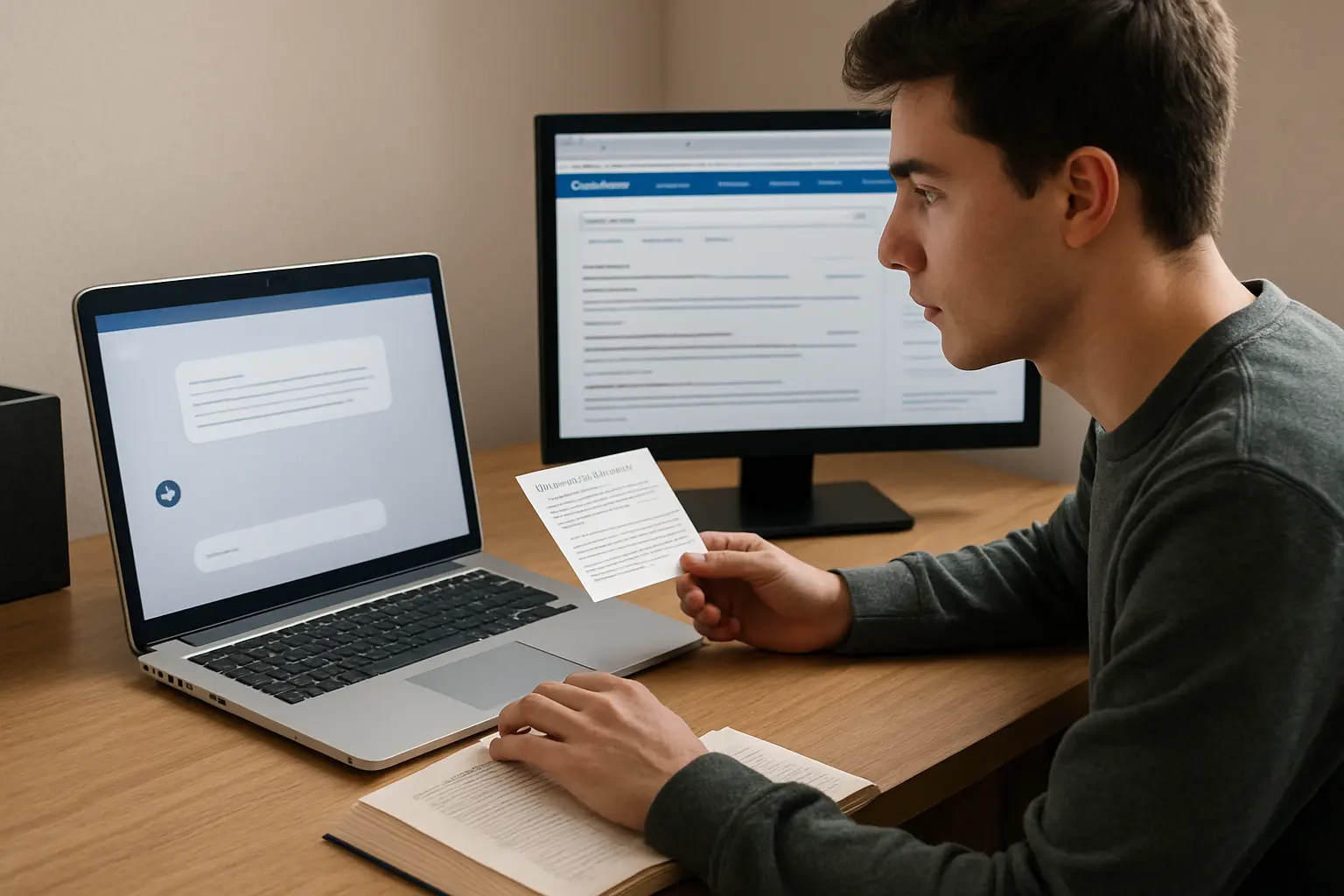 Estudiante verificando en la biblioteca una referencia bibliográfica sugerida por una IA