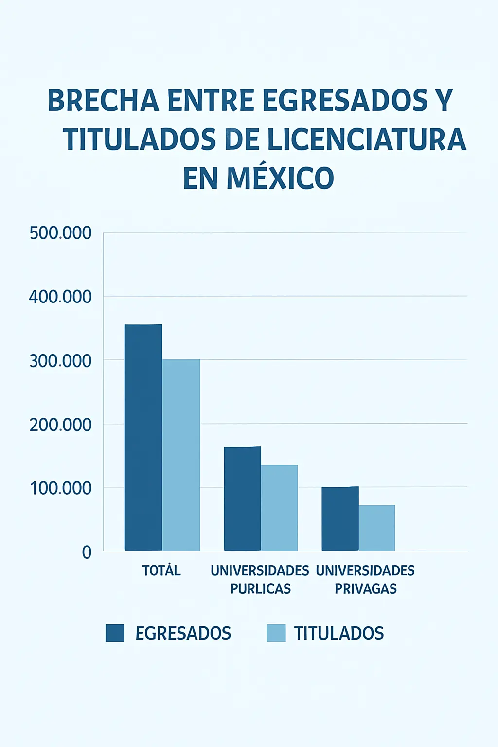 Gráfico de barras que ilustra la brecha entre egresados y titulados de licenciatura en México