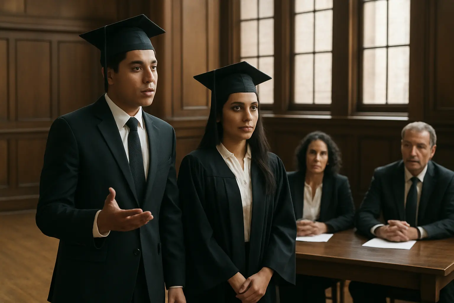 Dos egresados presentando juntos el examen profesional de su tesis en coautoría ante un jurado