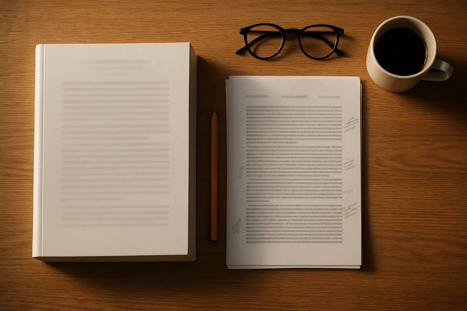 Escritorio con una tesis encuadernada junto a un artículo científico impreso más breve