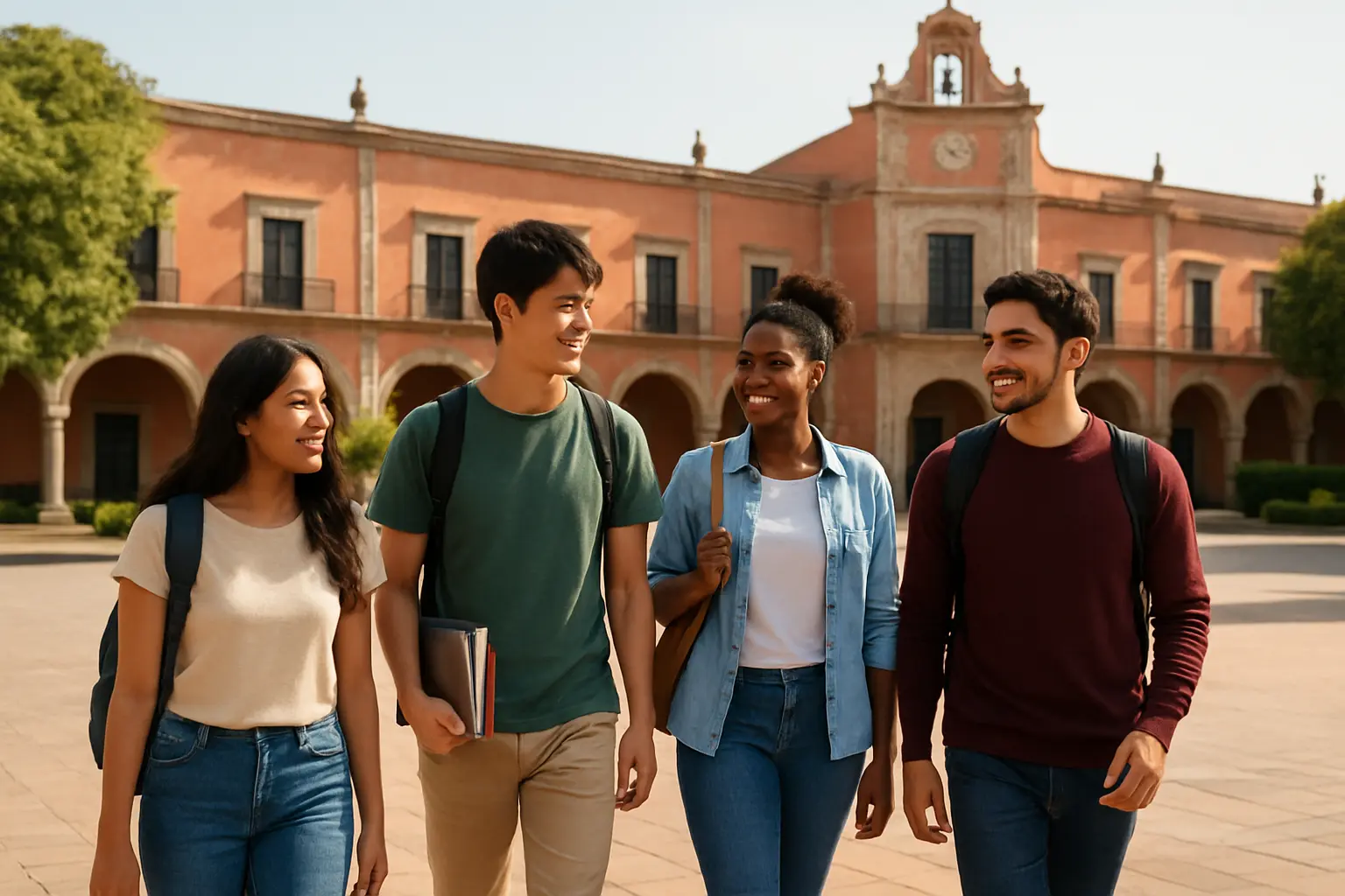 Estudiantes internacionales caminando por el campus de una universidad mexicana