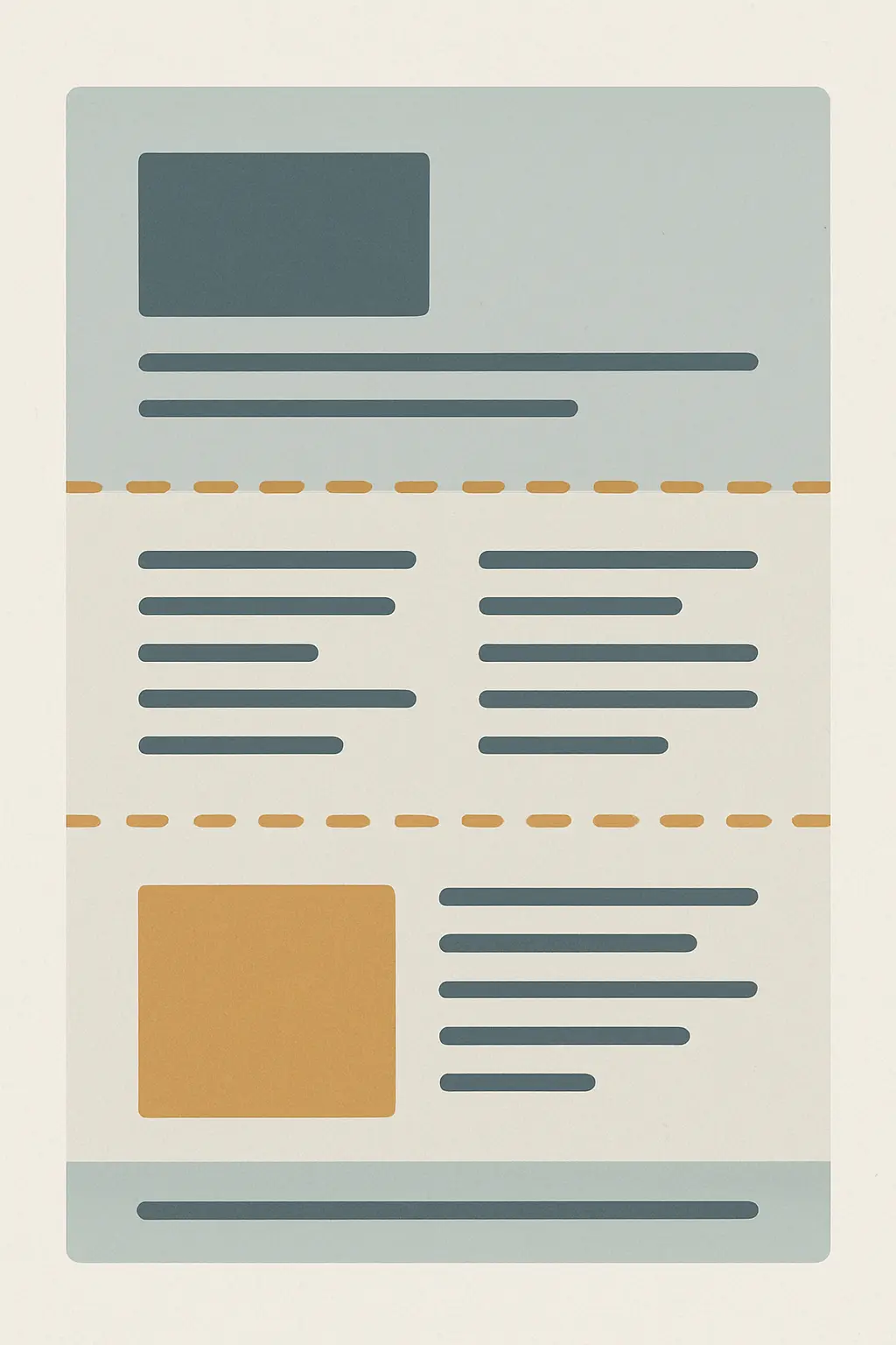 Concepto ilustrado de saltos de sección dividiendo un documento de tesis en tres partes