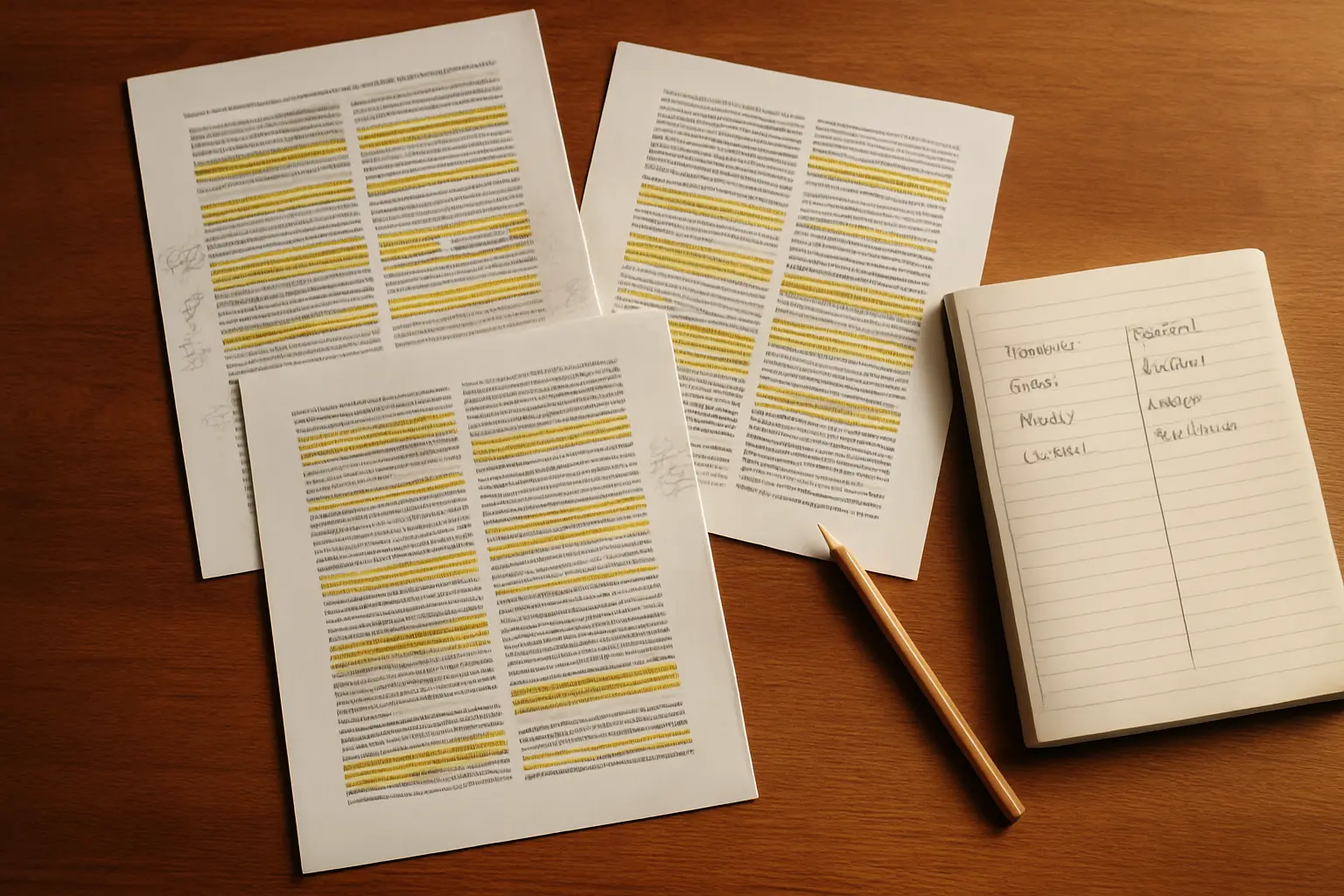 Artículos científicos en inglés impresos y subrayados para verificar la terminología del abstract traducido