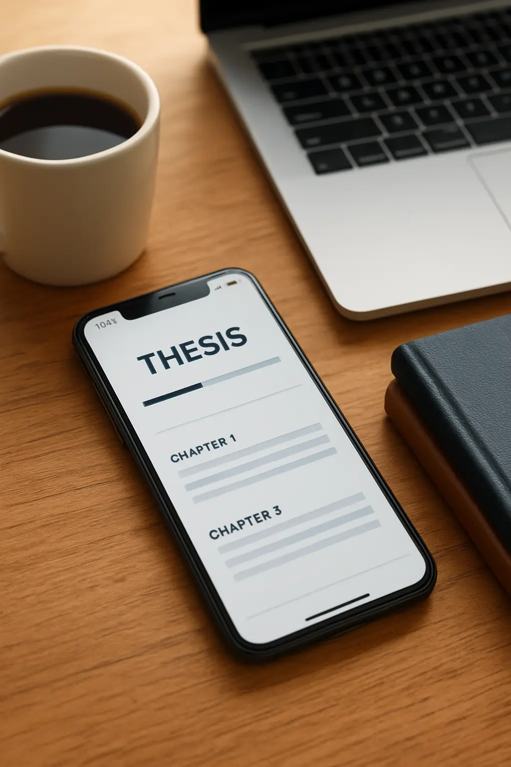 Celular con una app de redacción de tesis junto a una laptop y cuaderno de apuntes