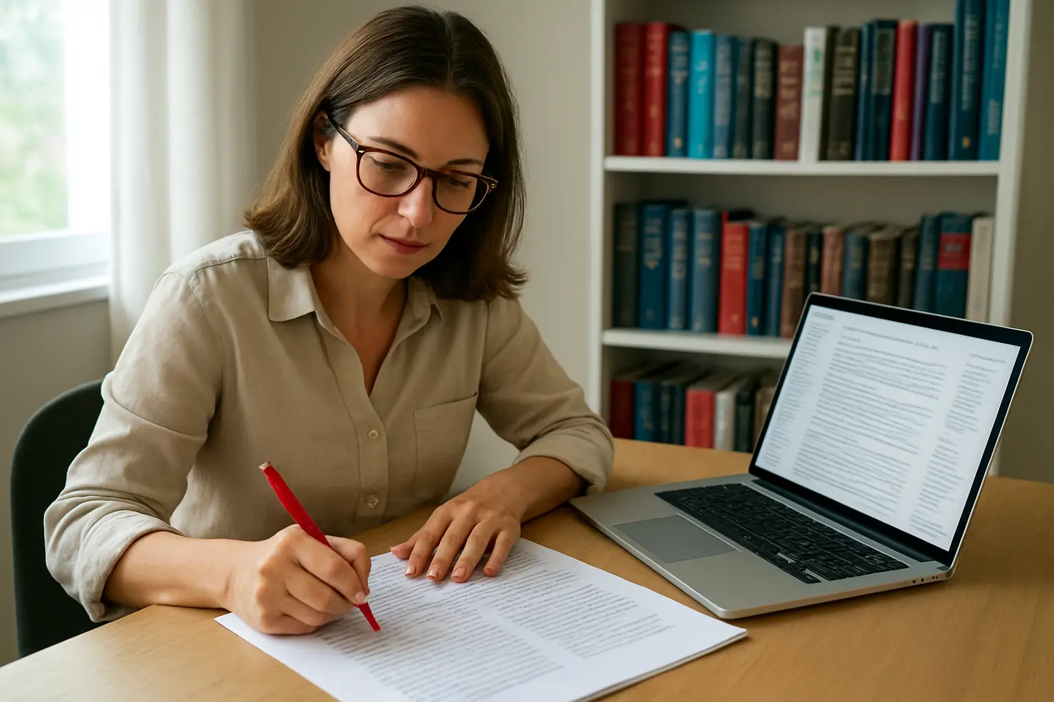 Traductora profesional revisando y corrigiendo un texto académico en inglés impreso