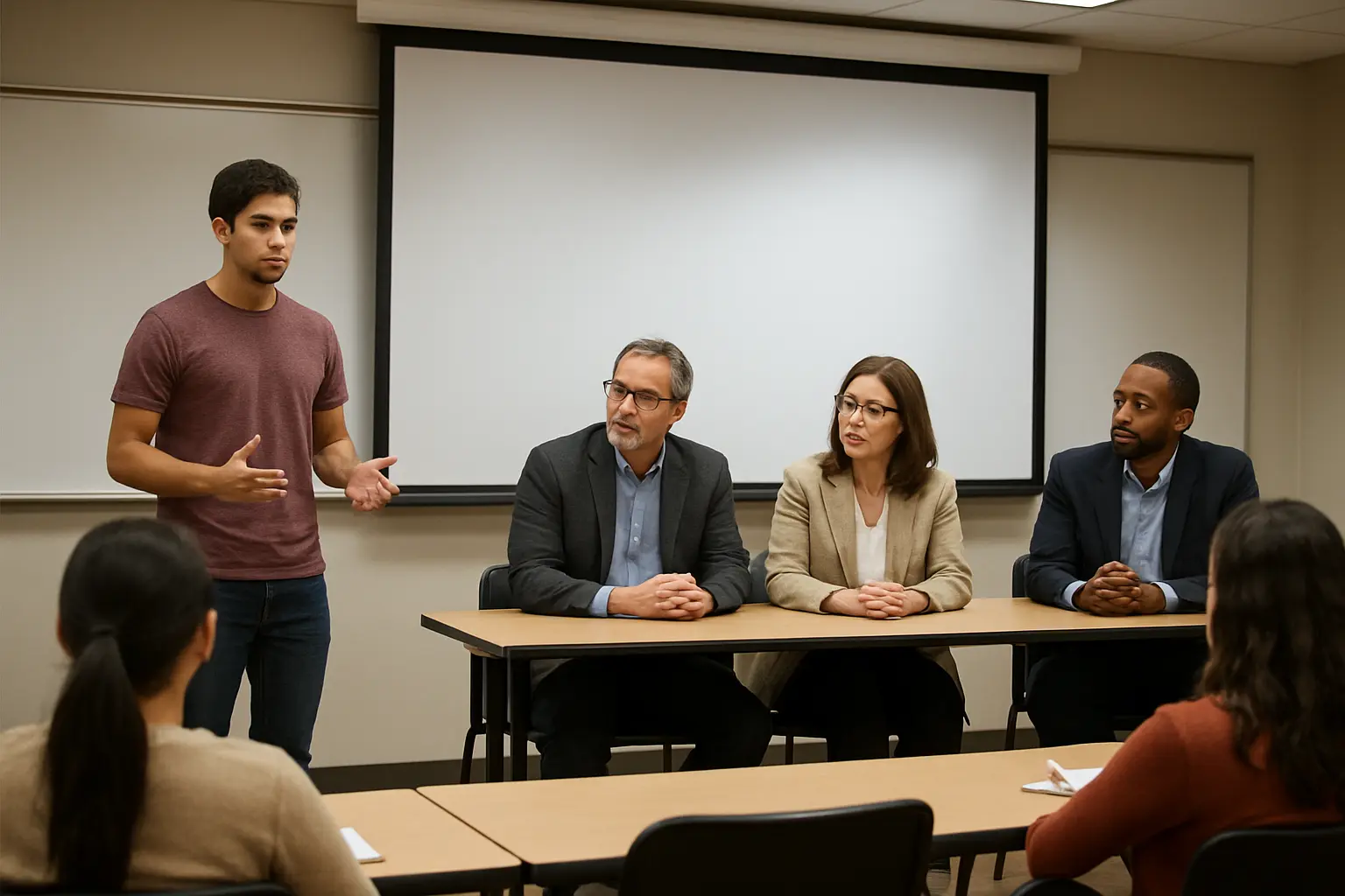 Estudiante presentando la réplica pública de su proyecto terminal ante tres sinodales en un aula universitaria