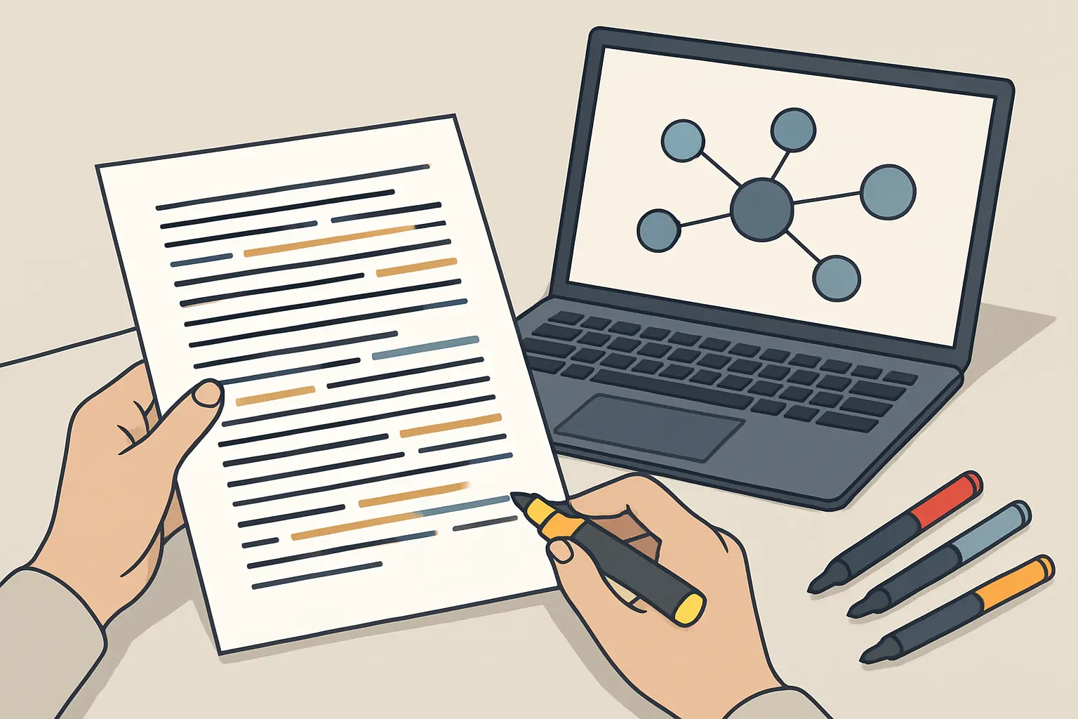 Investigador codificando transcripciones con marcadores de colores junto a una red temática en la laptop