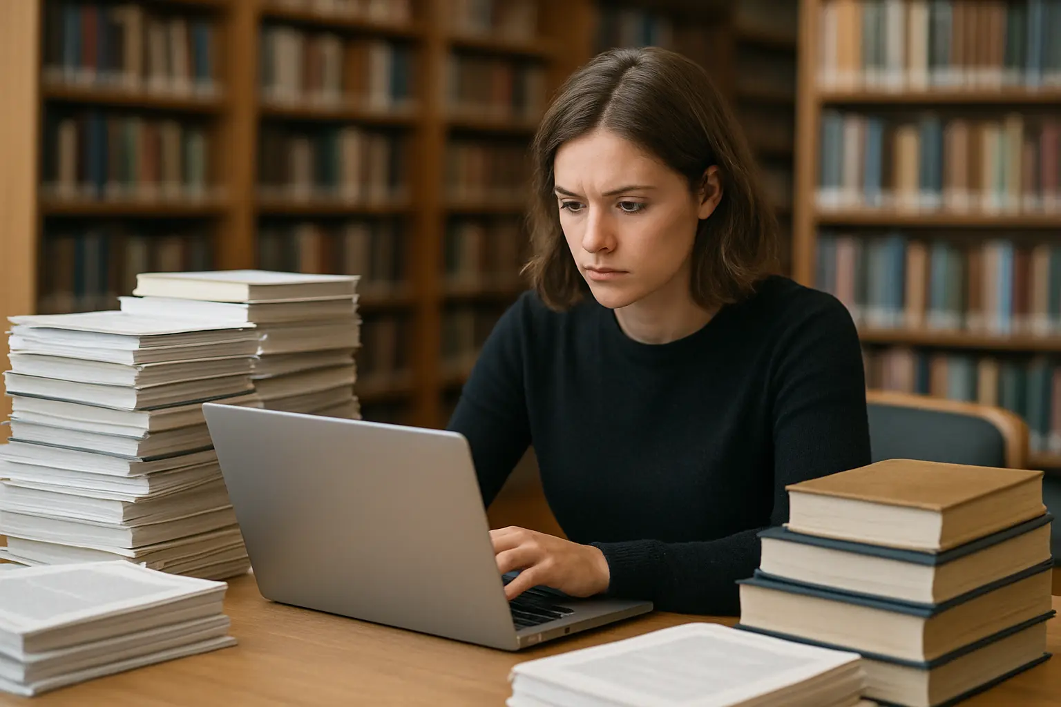 Estudiante de posgrado revisando literatura académica para el marco teórico de su tesis