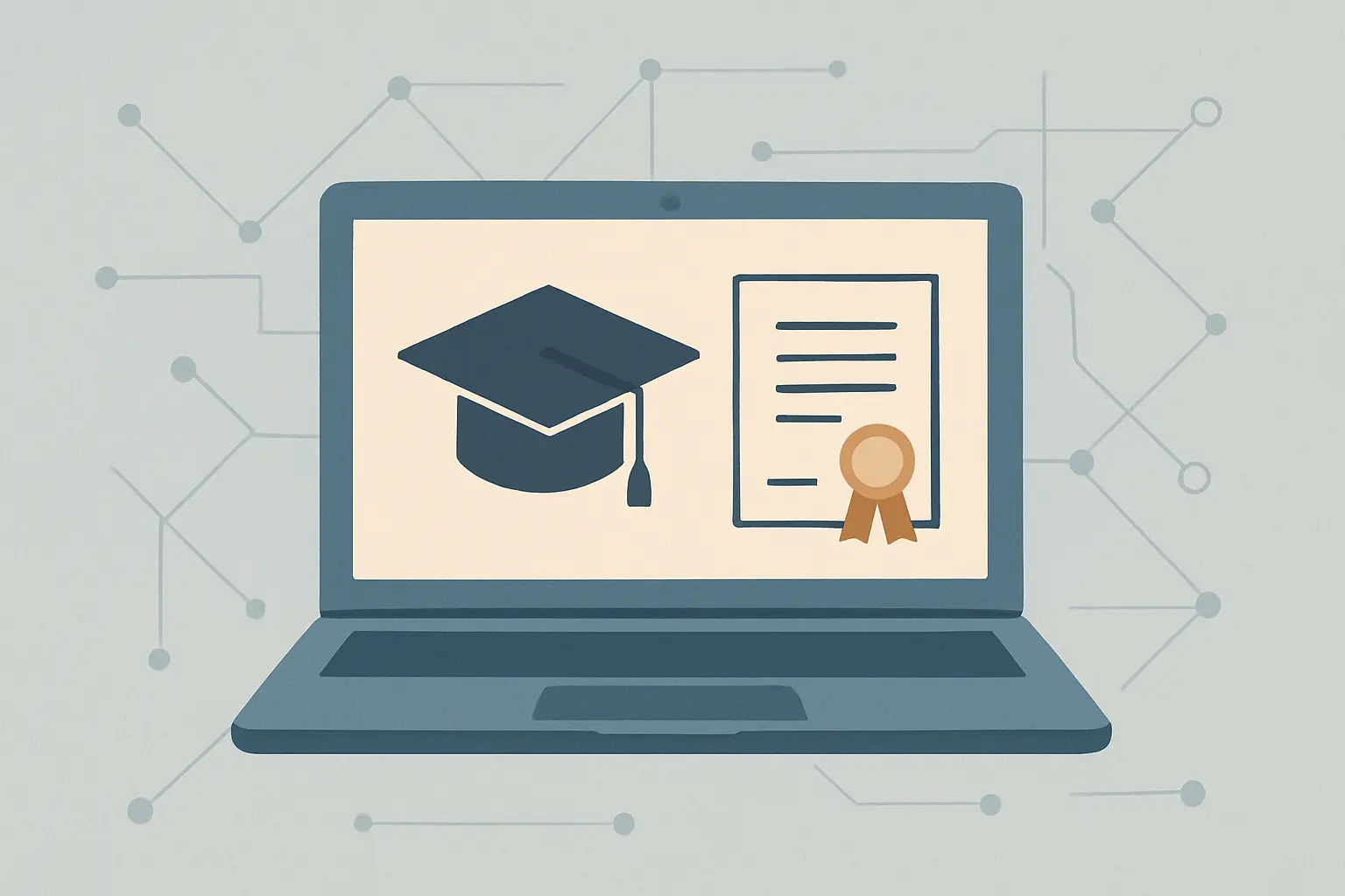 Ilustración de una laptop con un birrete y un certificado, representando una maestría en línea acreditada