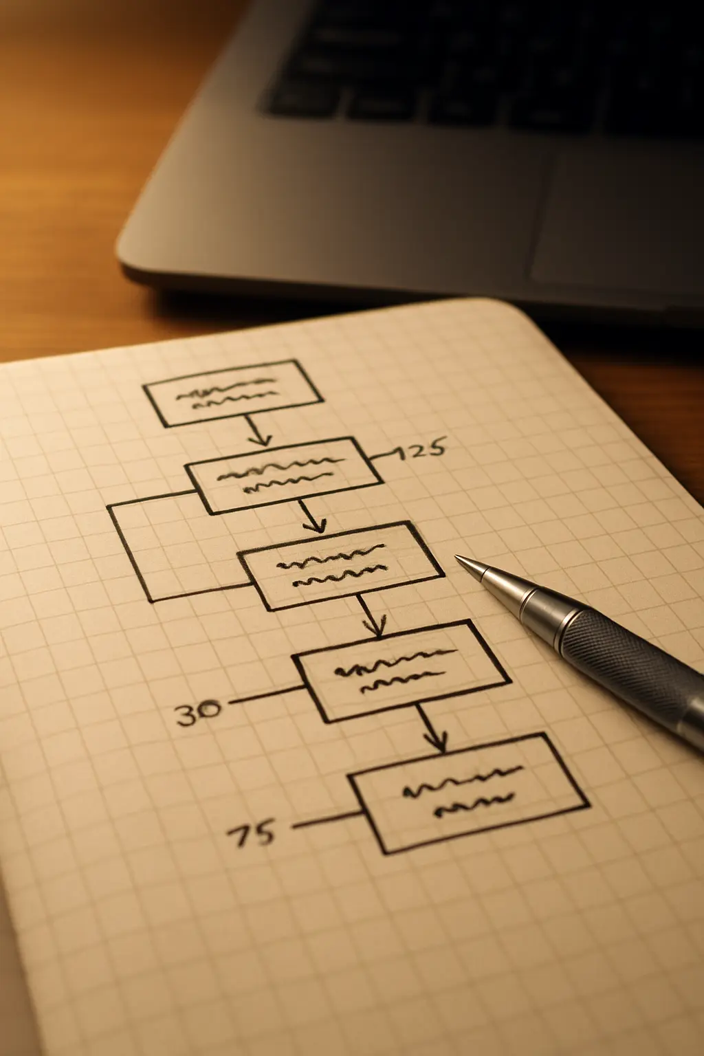 Boceto a mano de un diagrama de flujo metodológico antes de digitalizarlo para la tesis