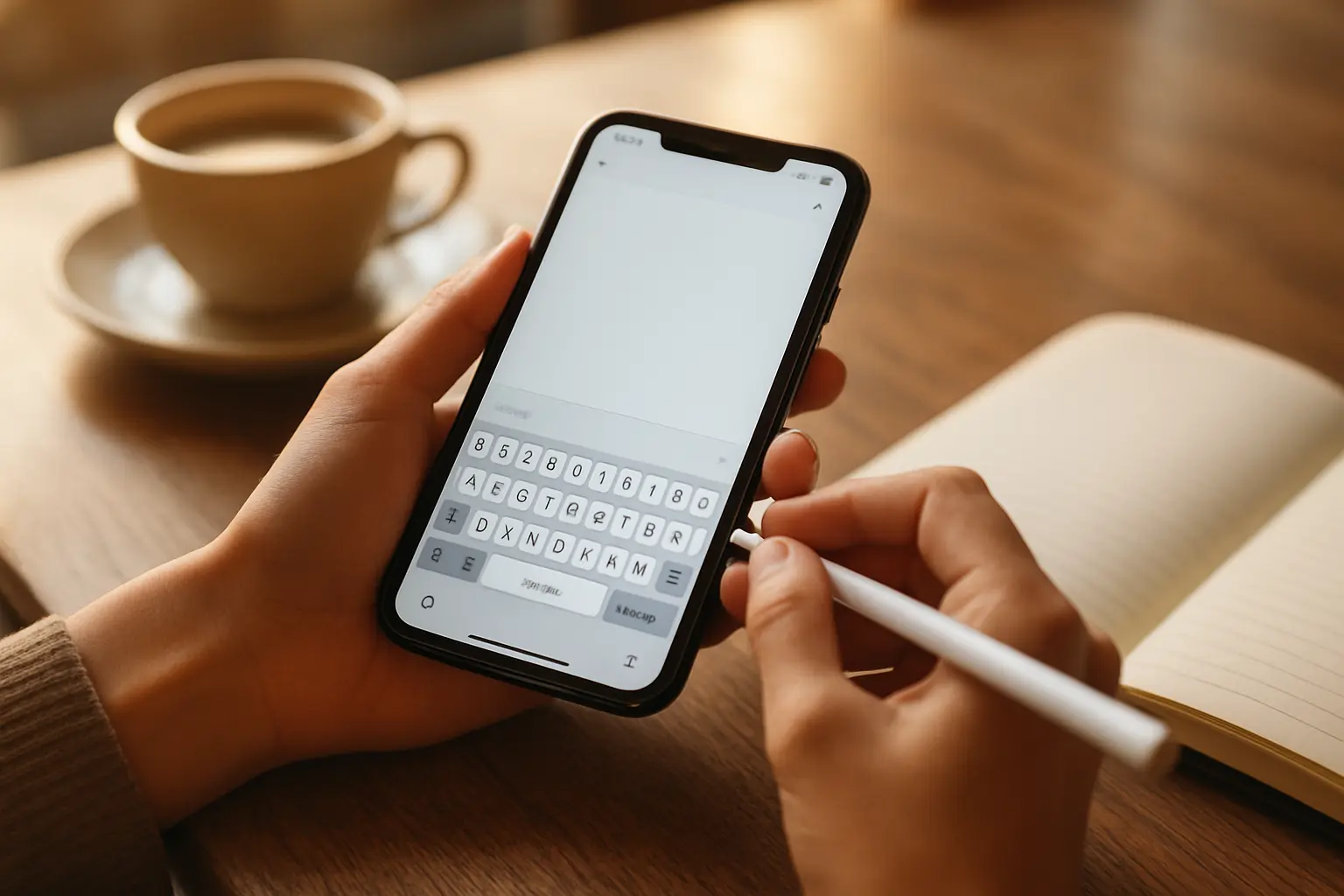 Aplicación de redacción de tesis abierta en un teléfono móvil con teclado