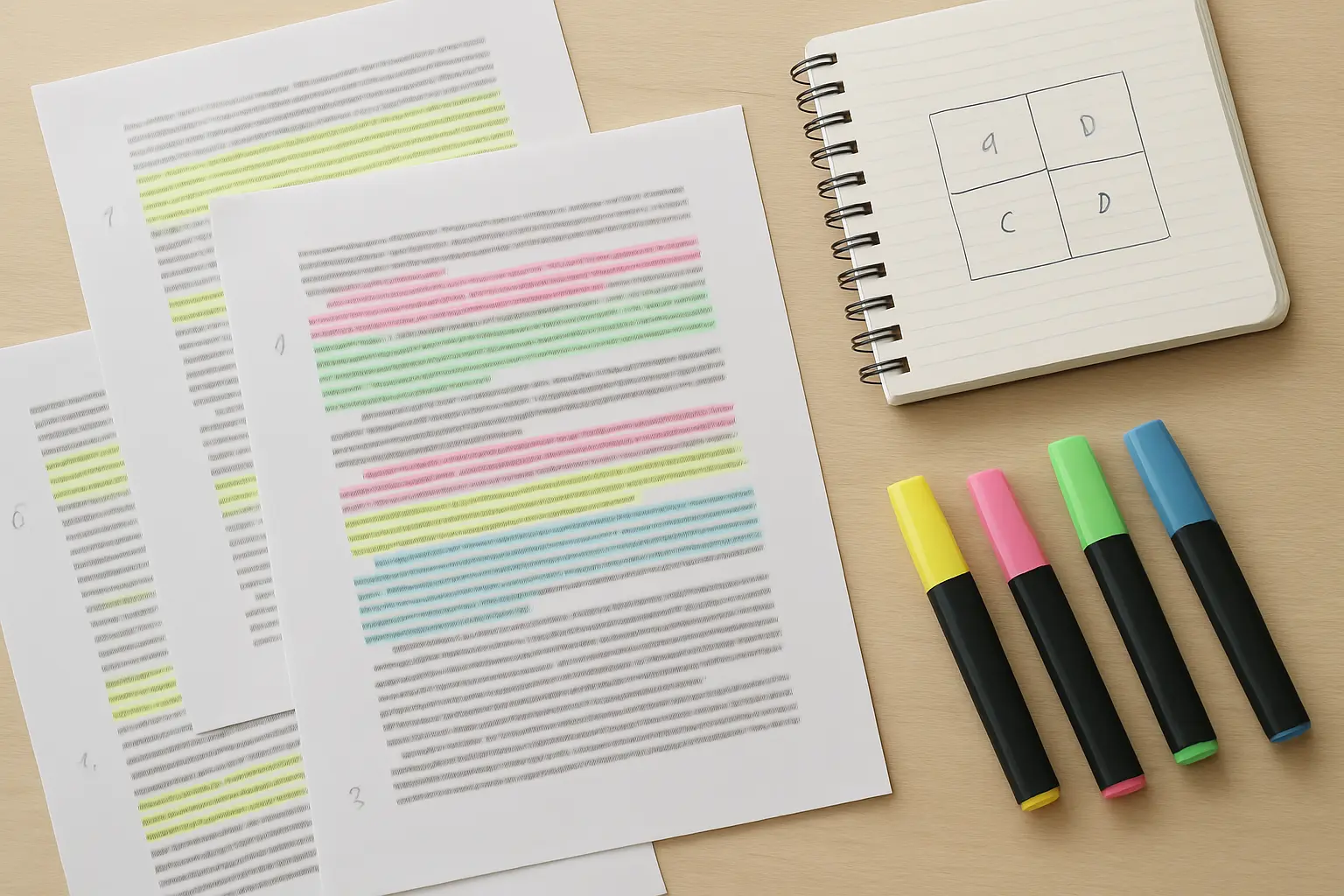 Documentos impresos con fragmentos subrayados en distintos colores durante la codificación de un análisis de contenido