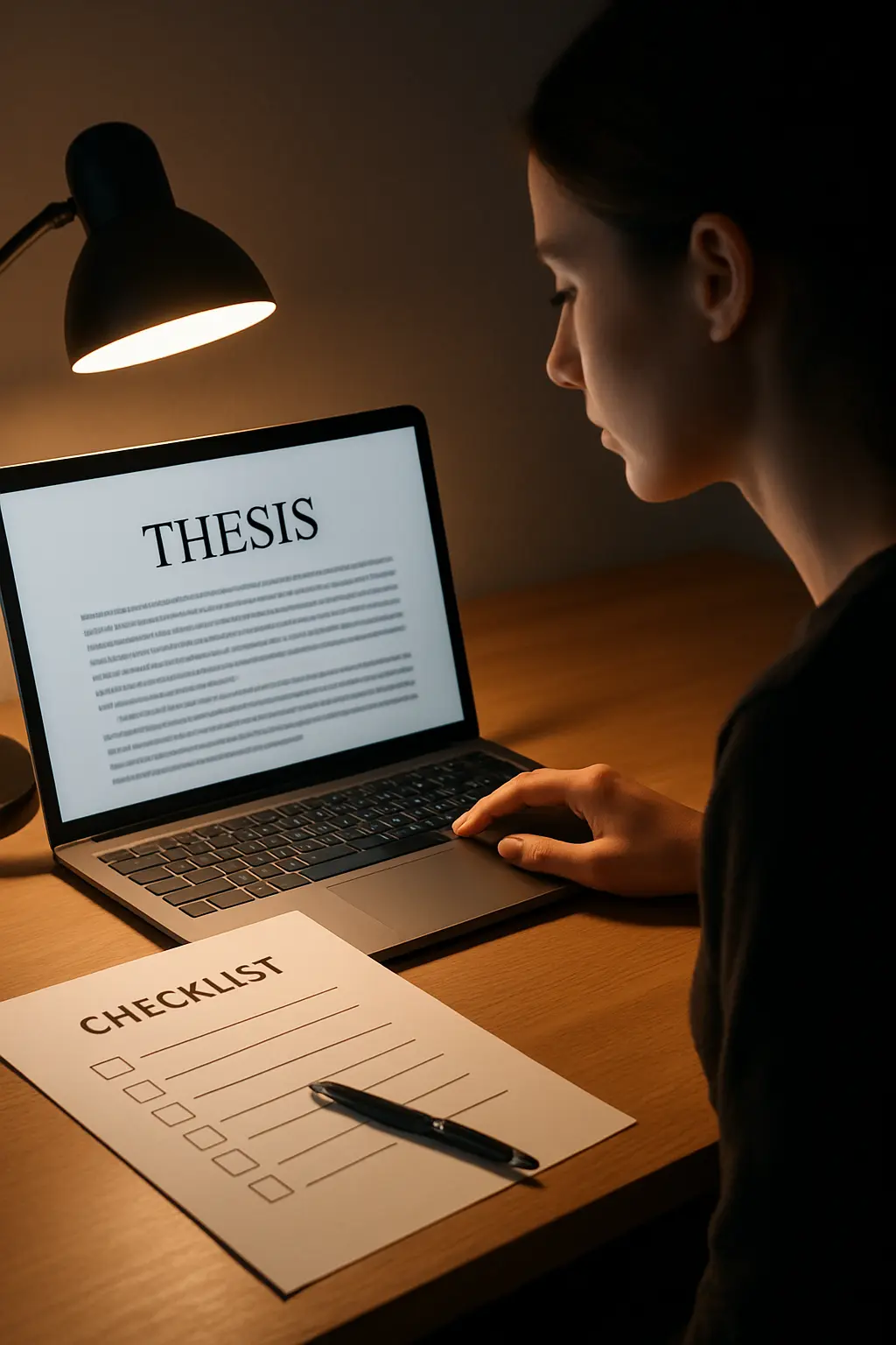 Estudiante revisando su tesis con una lista de cotejo de errores frecuentes