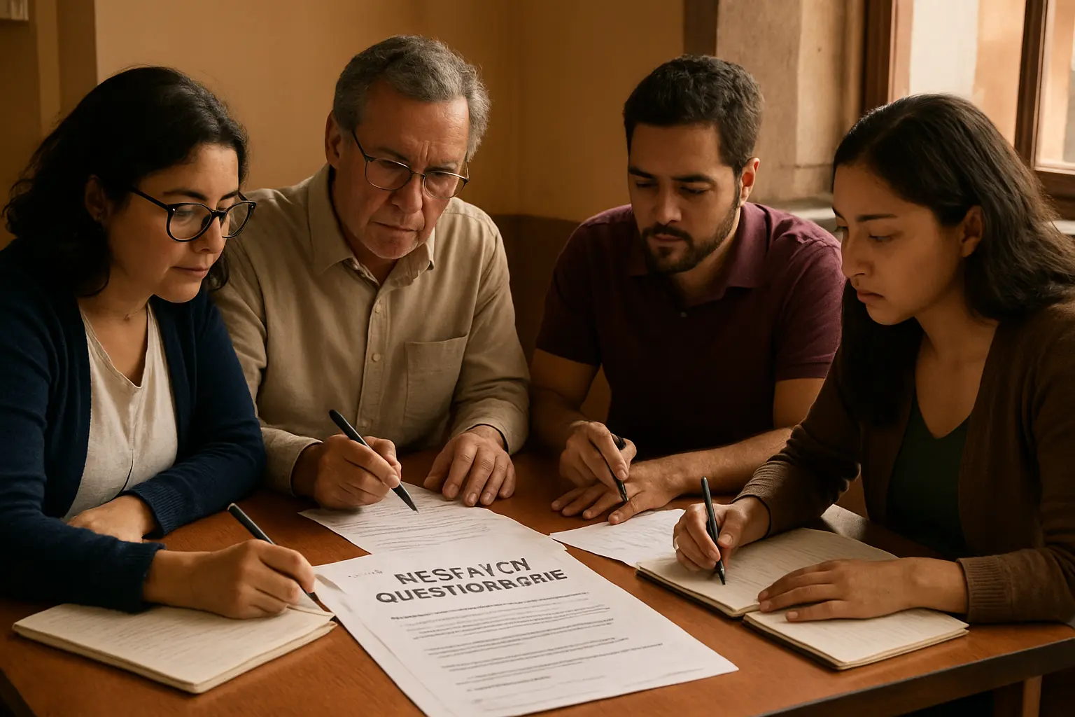 Panel de expertos revisando y validando los ítems de un instrumento de investigación