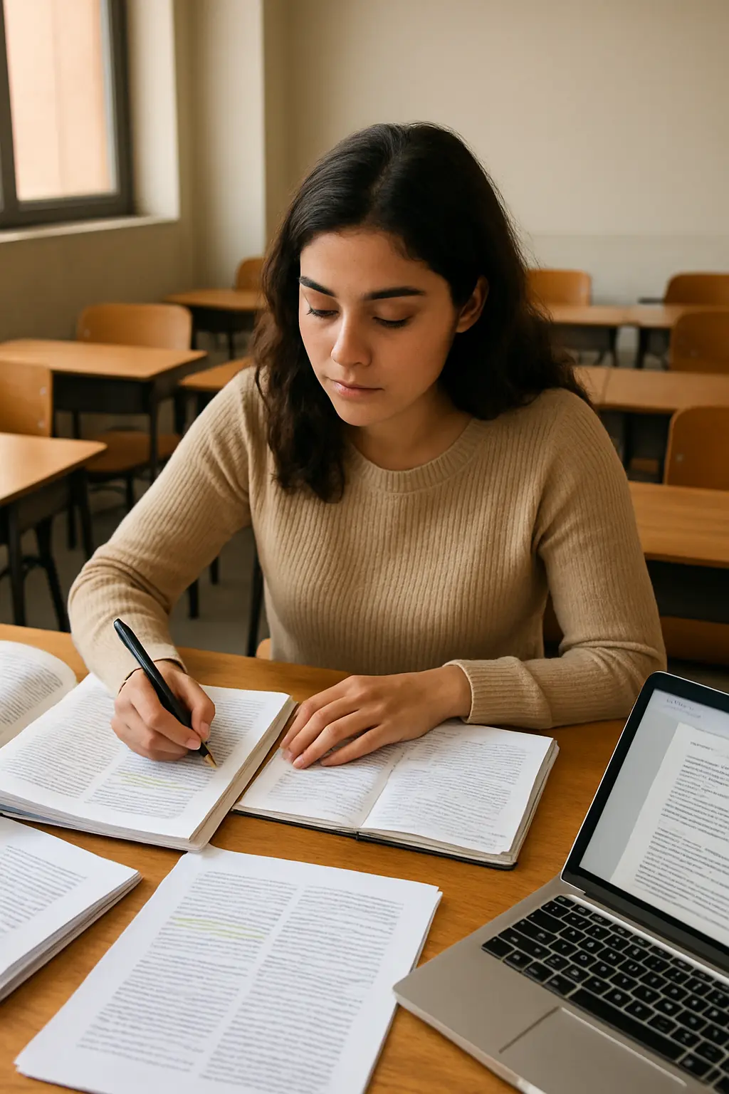 Estudiante de Pedagogía trabajando con documentos y normas de citación APA