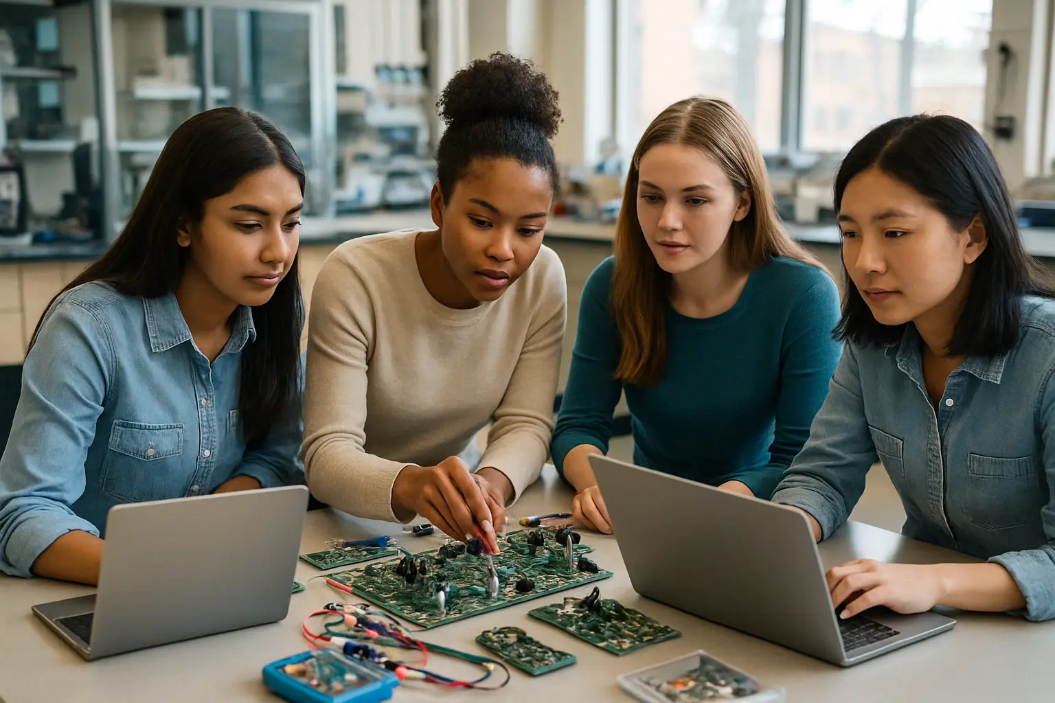 Grupo de estudiantes mujeres trabajando en un laboratorio de ingeniería universitario en México