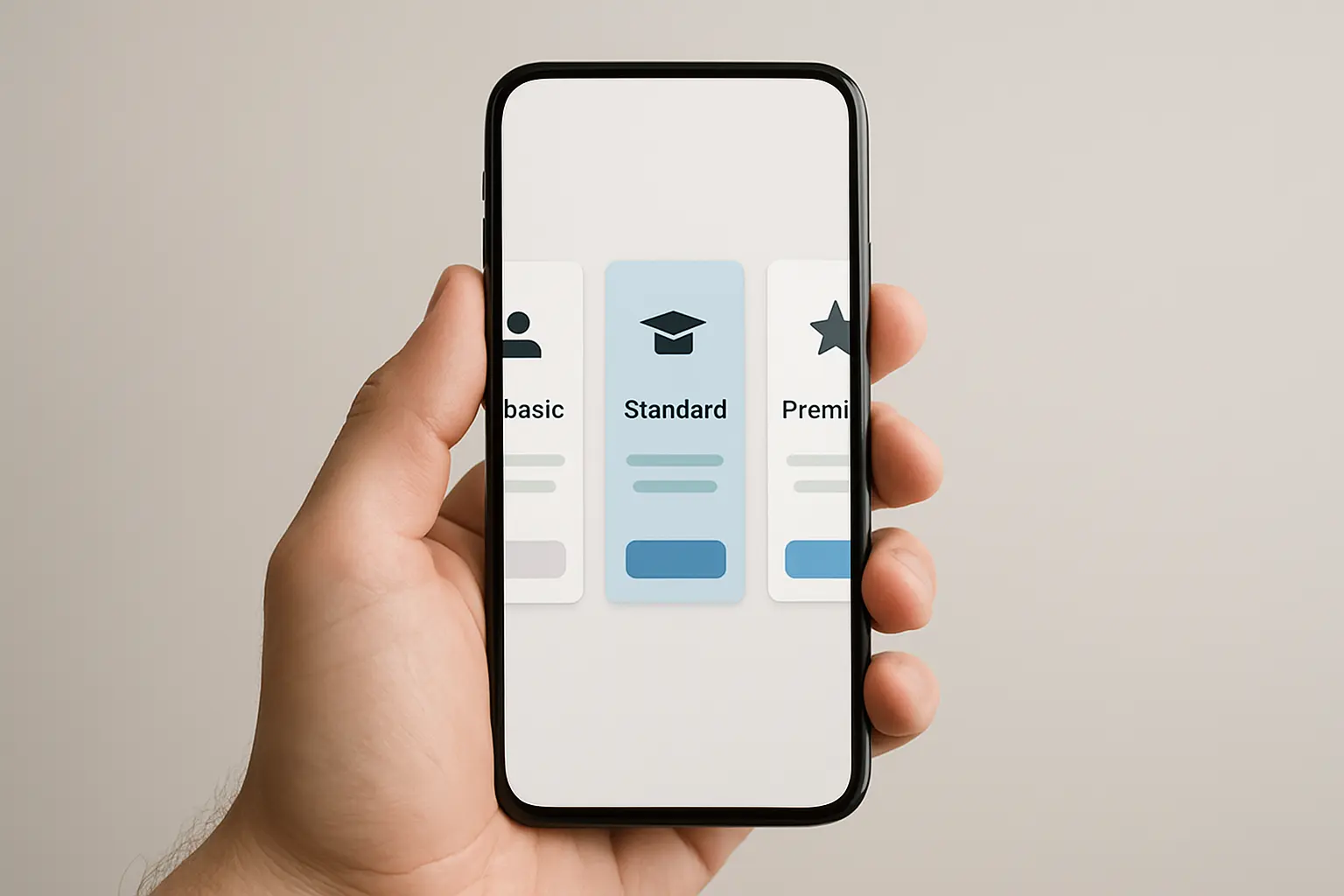 Mano comparando planes de suscripción de una app académica en un smartphone