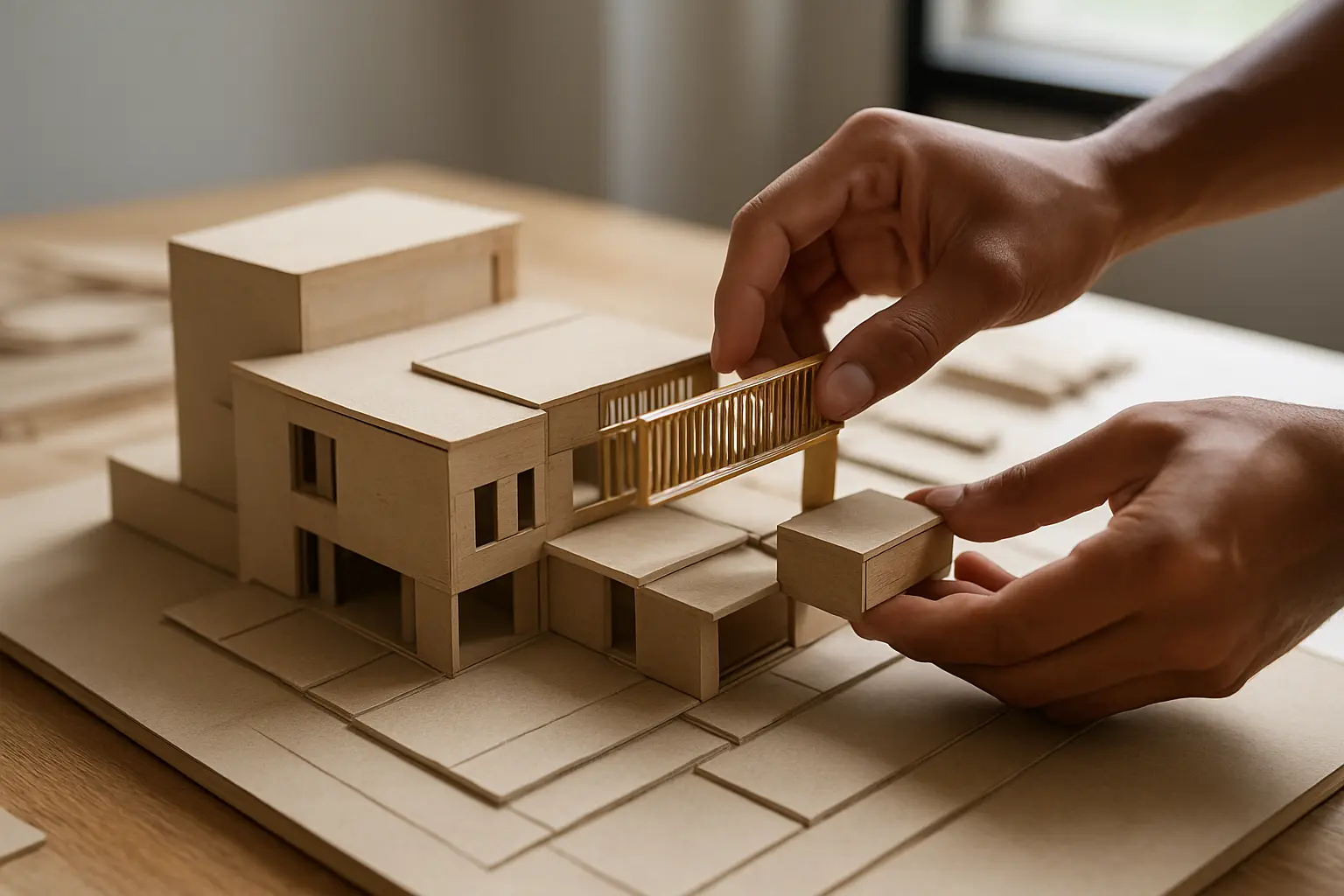 Manos construyendo una maqueta arquitectónica original como parte del trabajo de tesis