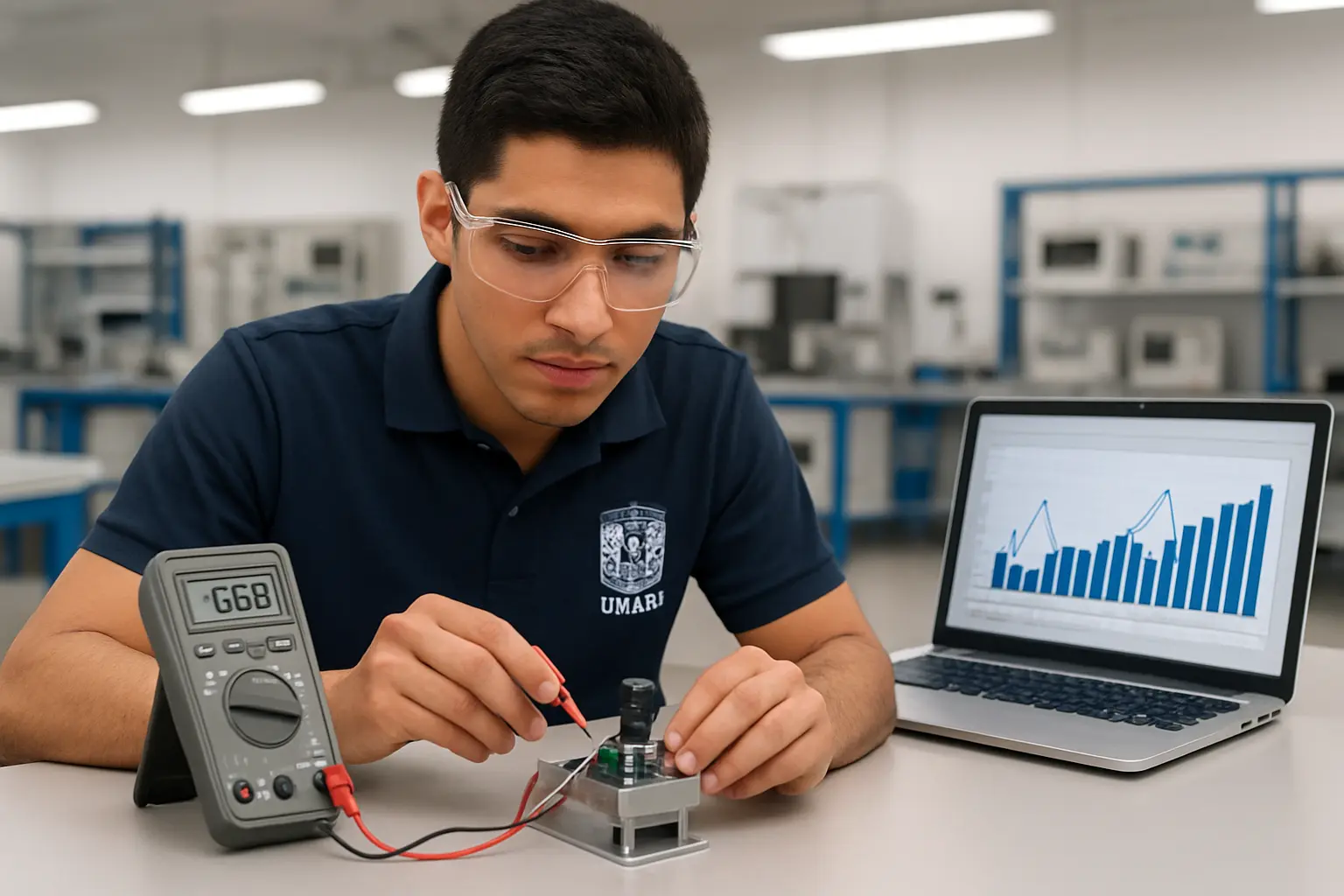 Estudiante de Ingeniería validando un prototipo en el laboratorio universitario