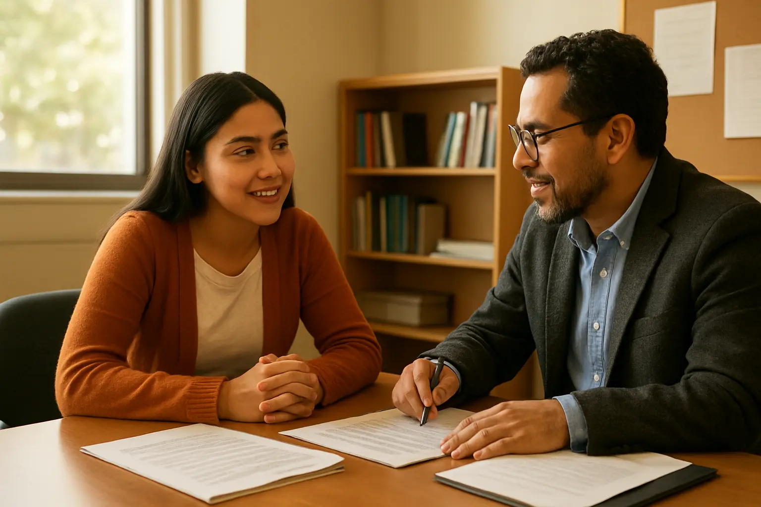Estudiante mexicano en asesoría de tesis con su director frente a documentos