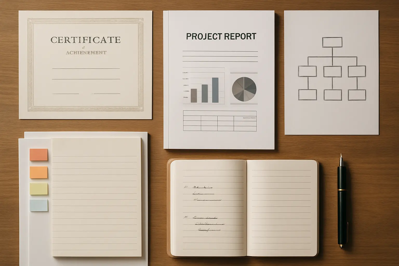 Escritorio con constancias laborales, reportes y organigramas organizados como evidencia para una memoria de experiencia profesional