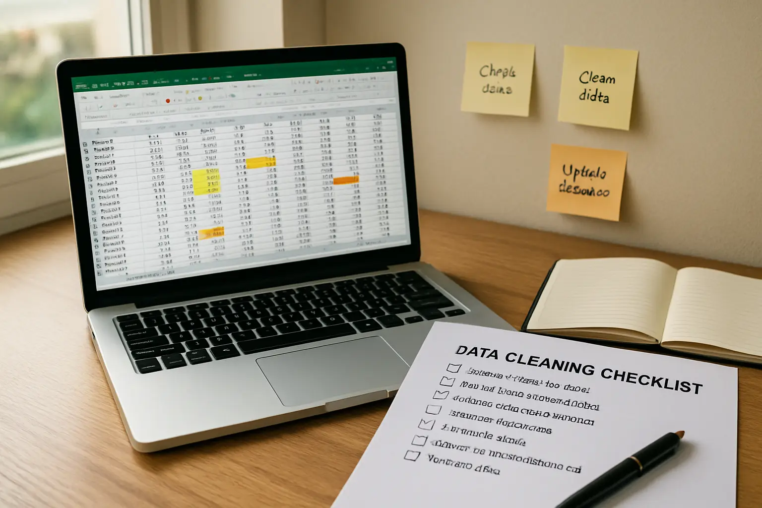 Laptop mostrando una base de datos con valores perdidos y atípicos resaltados durante la depuración de datos