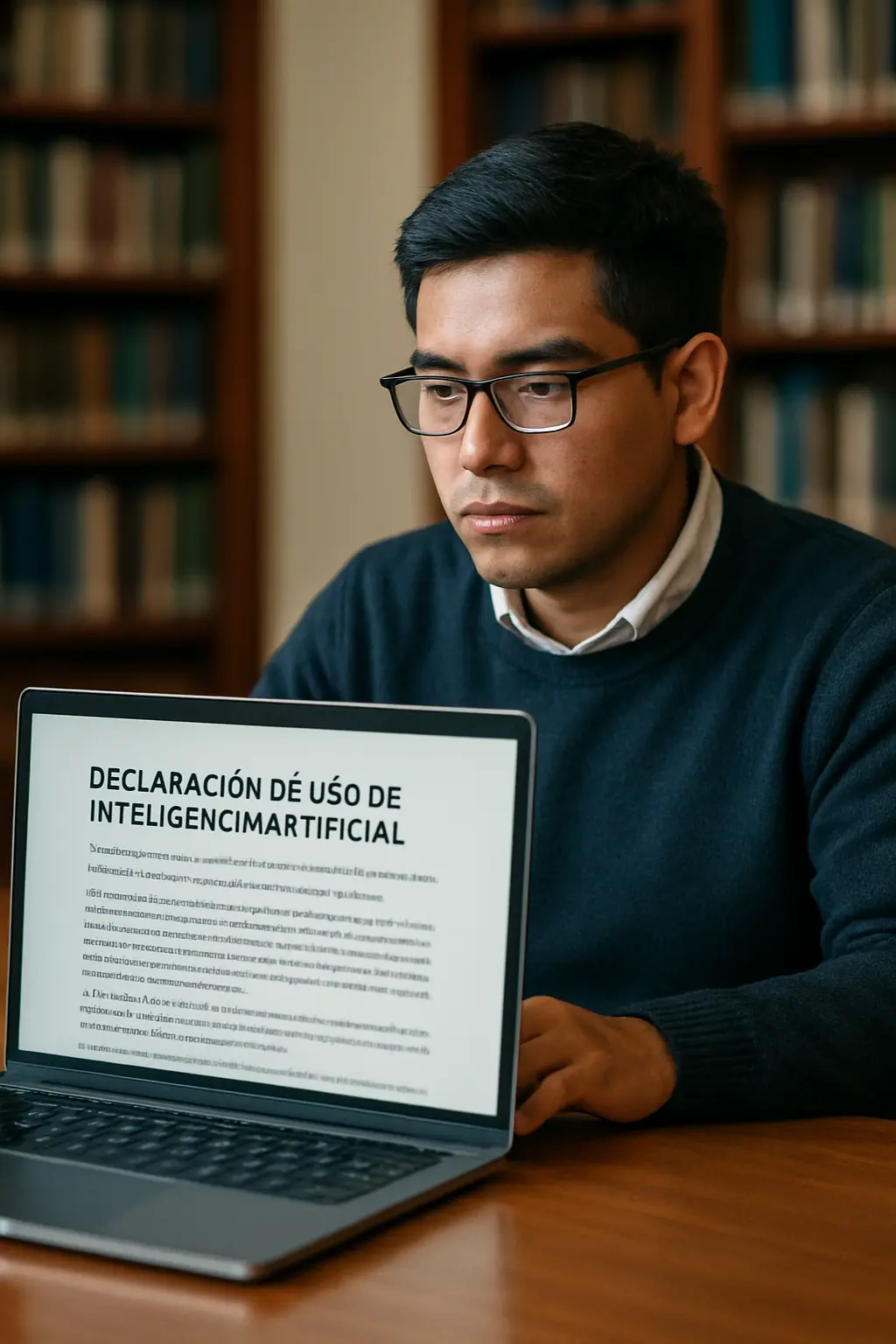 Estudiante revisando en laptop el apartado de declaración de uso de inteligencia artificial de su tesis