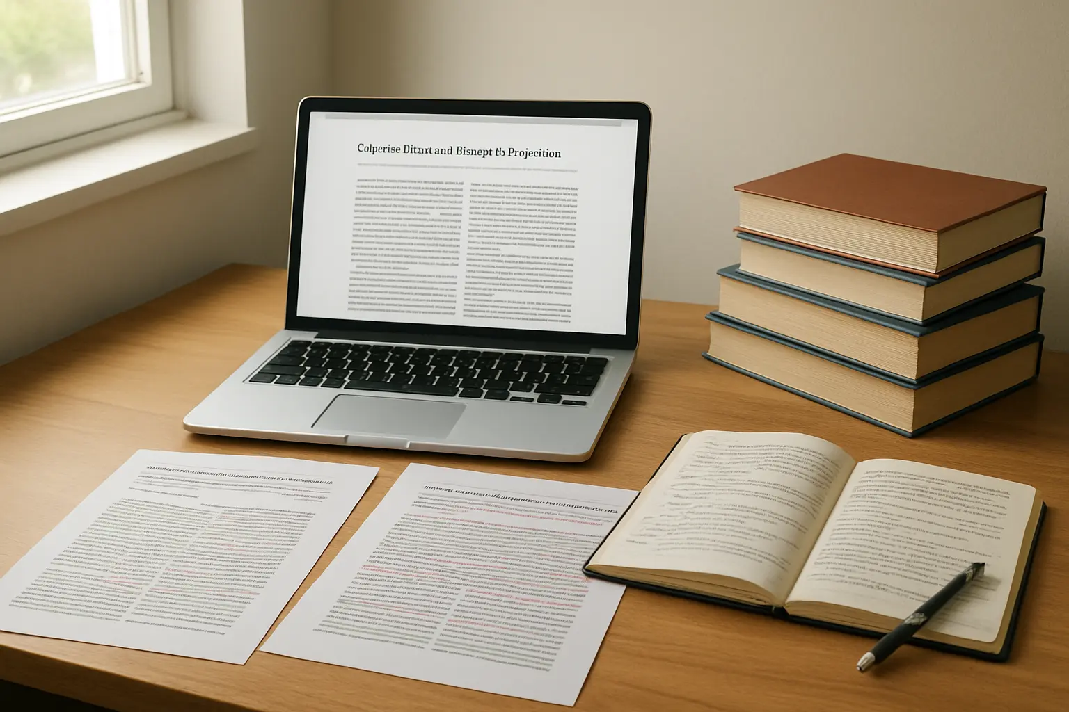 Escritorio ordenado con laptop y documentos de psicología en formato APA