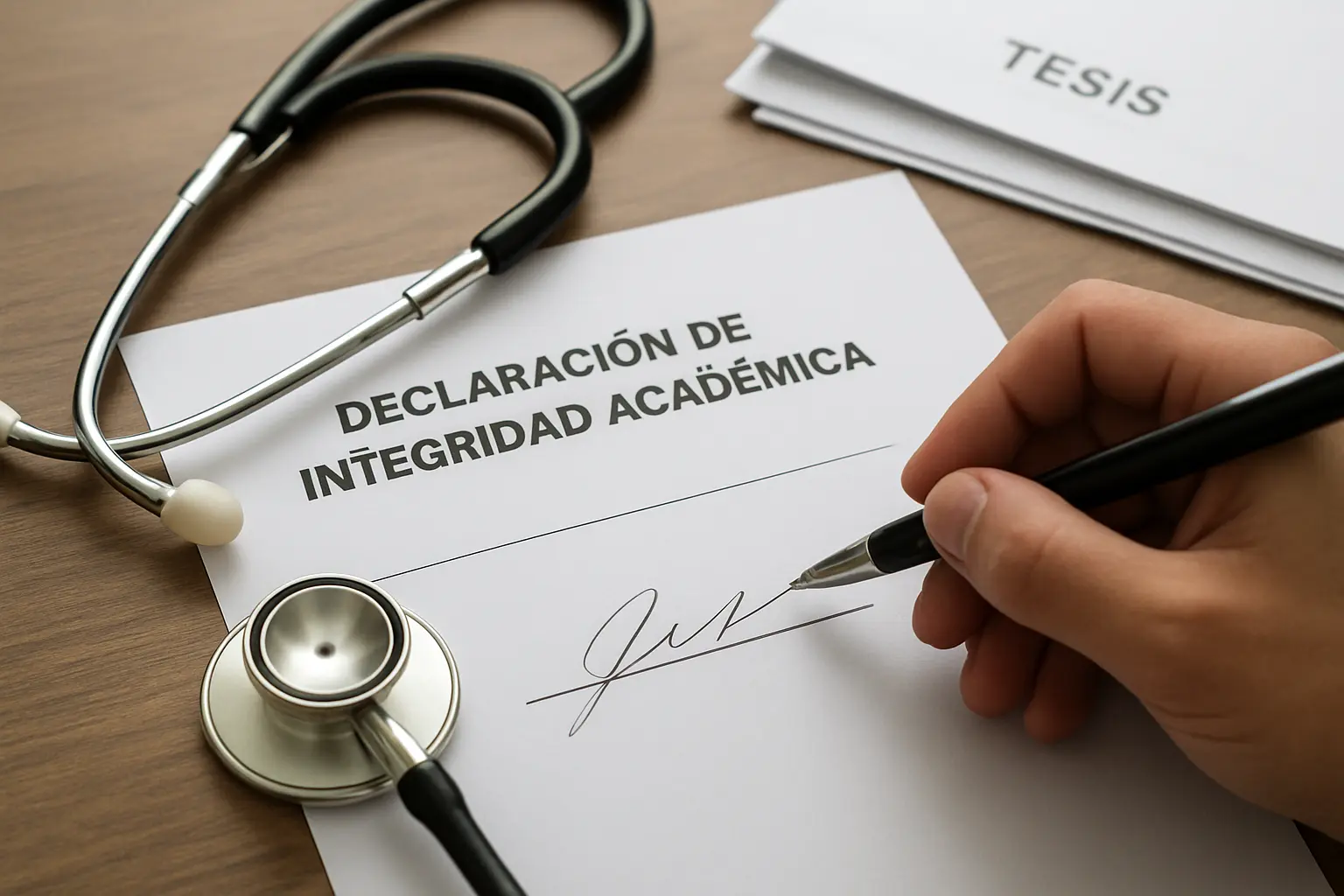 Declaración de integridad académica firmada junto a documentos de tesis médica