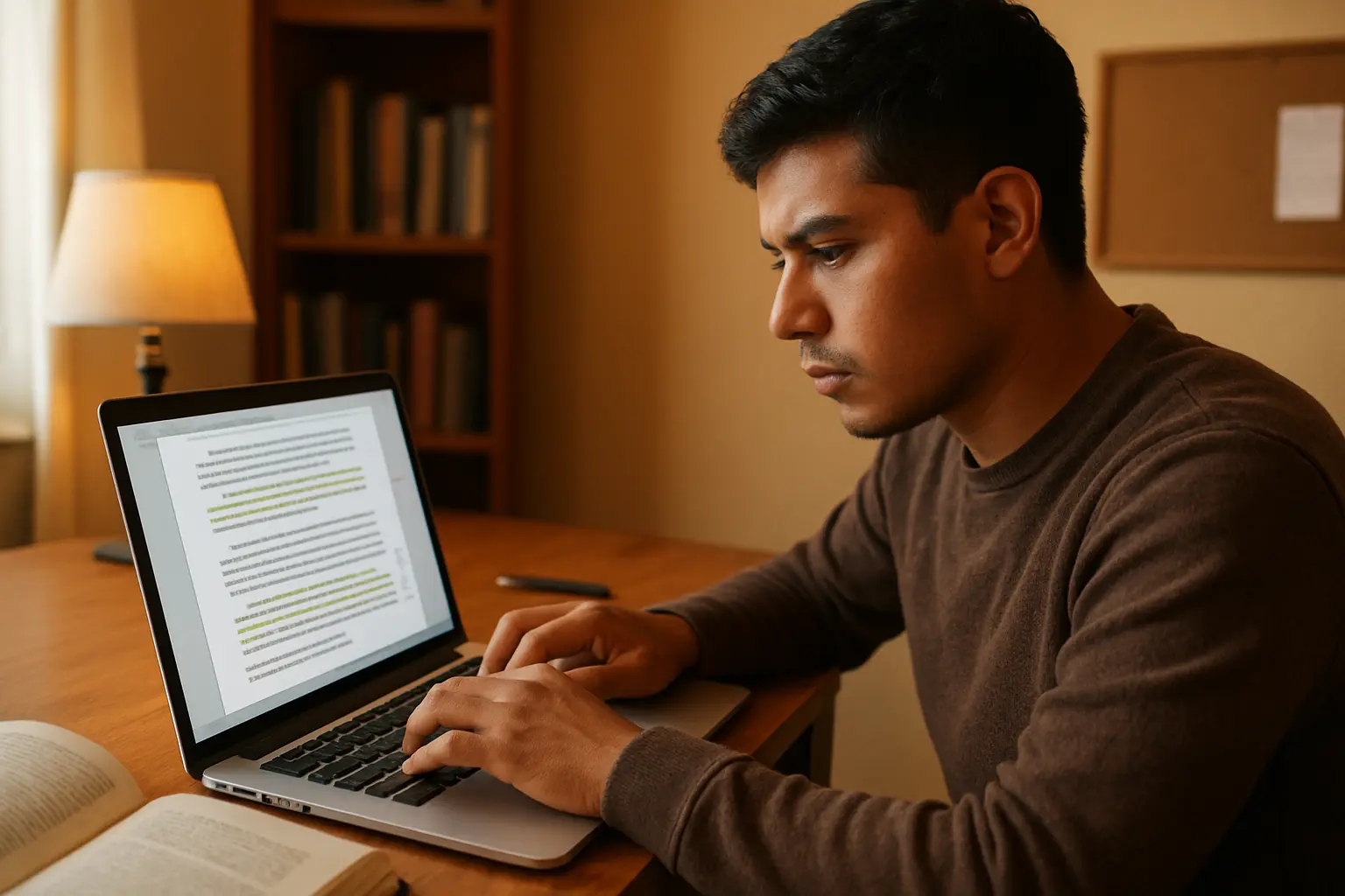 Estudiante editando su tesis en español con herramientas de corrección de texto