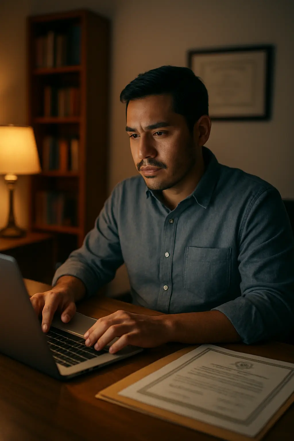 Profesionista mexicano de unos treinta años redactando en su laptop la memoria de experiencia profesional para titularse